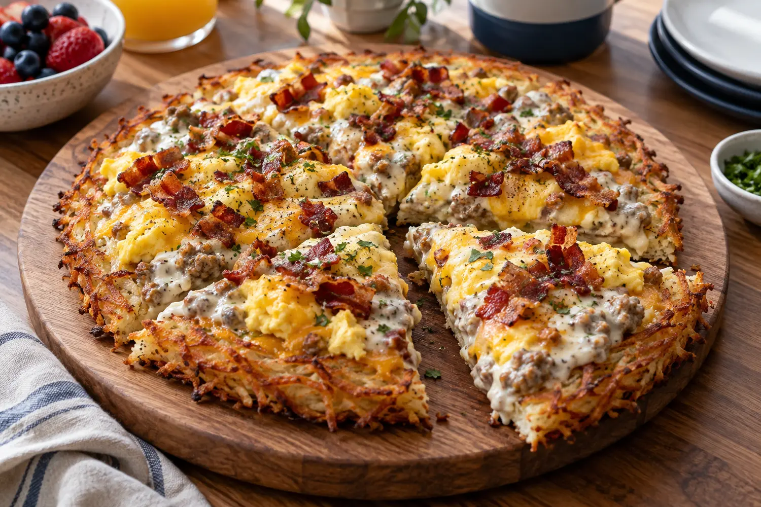 Hash brown breakfast pizza with sausage gravy, cheese, and bacon