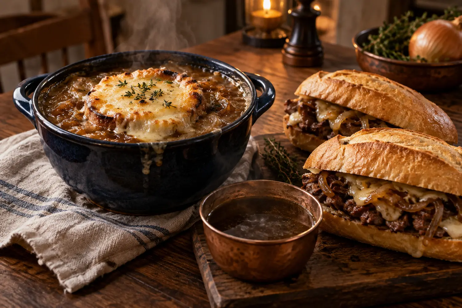 French onion soup with hearty hamburger French dip sandwiches