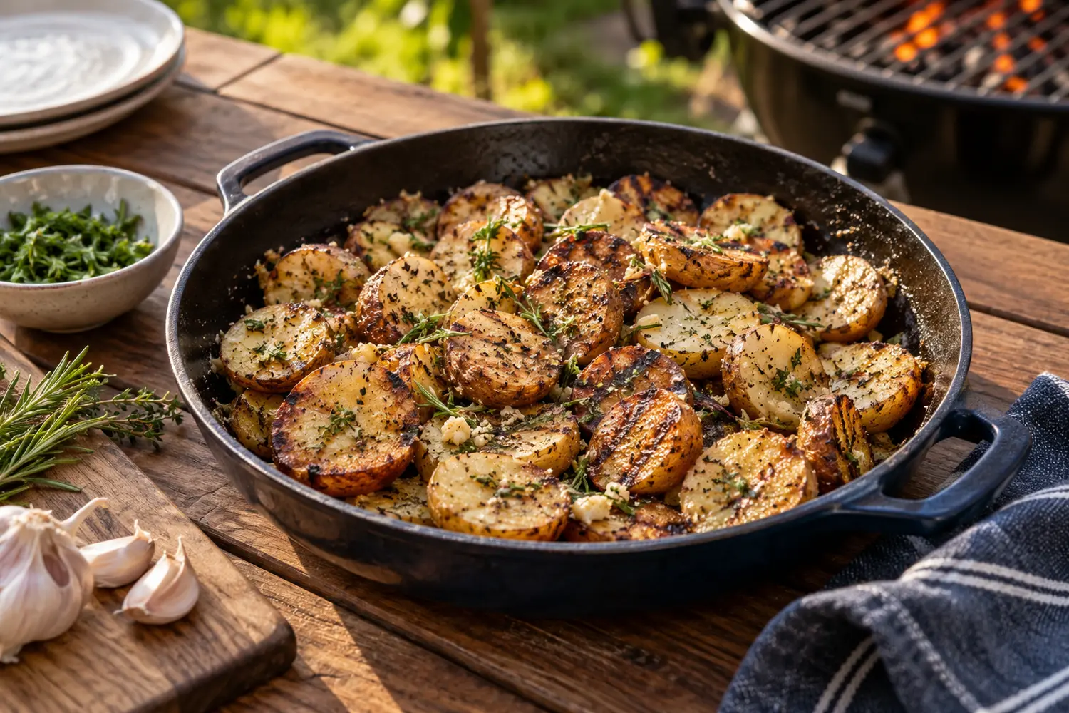 Crisp herb-seasoned sliced potatoes beside a backyard grill