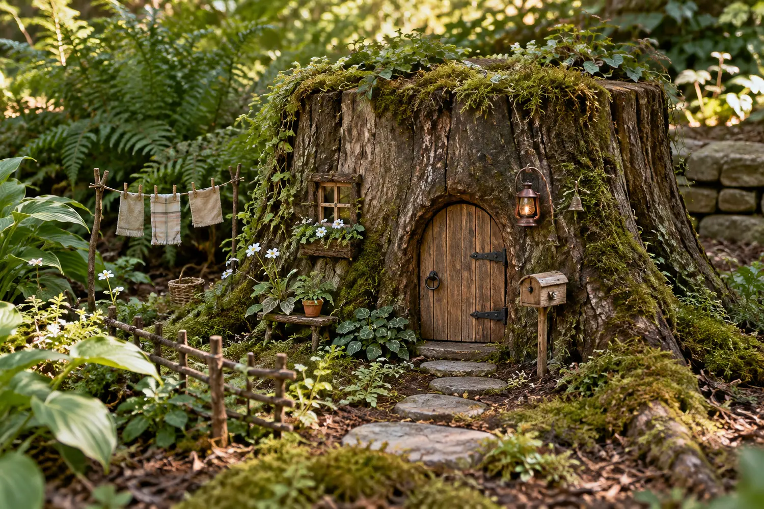 Tree stump transformed into a handmade woodland gnome home