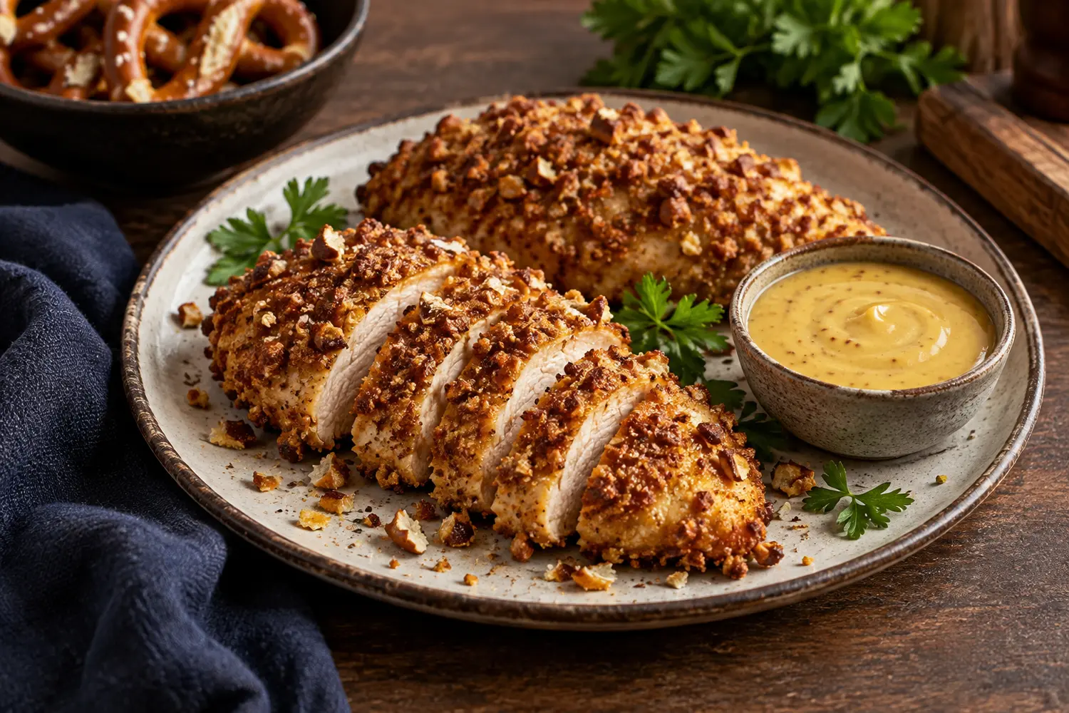 Golden pretzel-crusted chicken with honey mustard