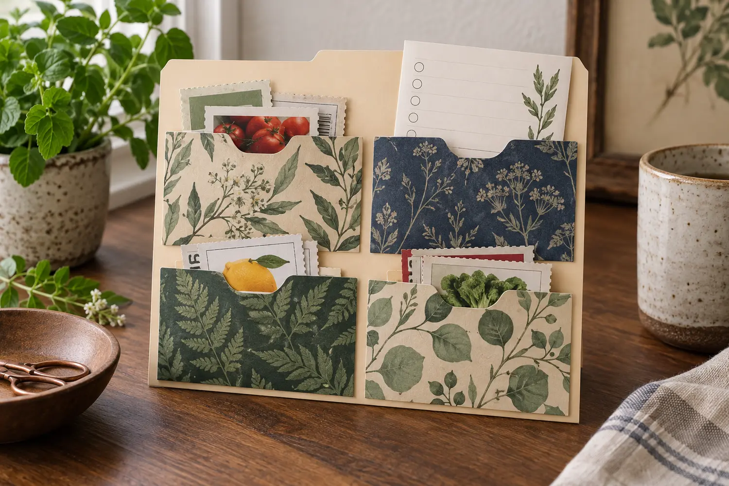Decorated four-pocket organizer made from a manila folder