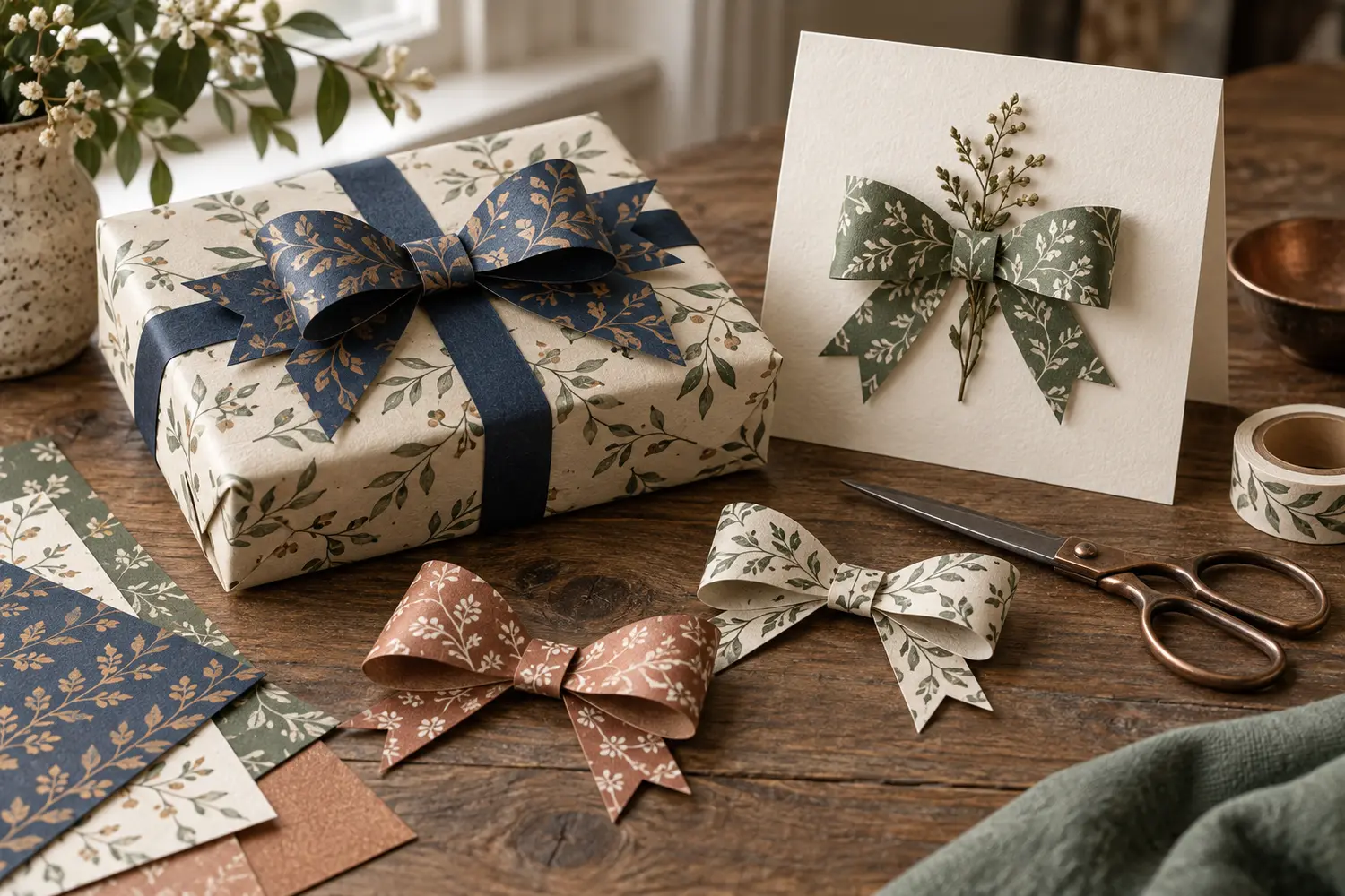 Flat paper bows decorating a wrapped gift and handmade card