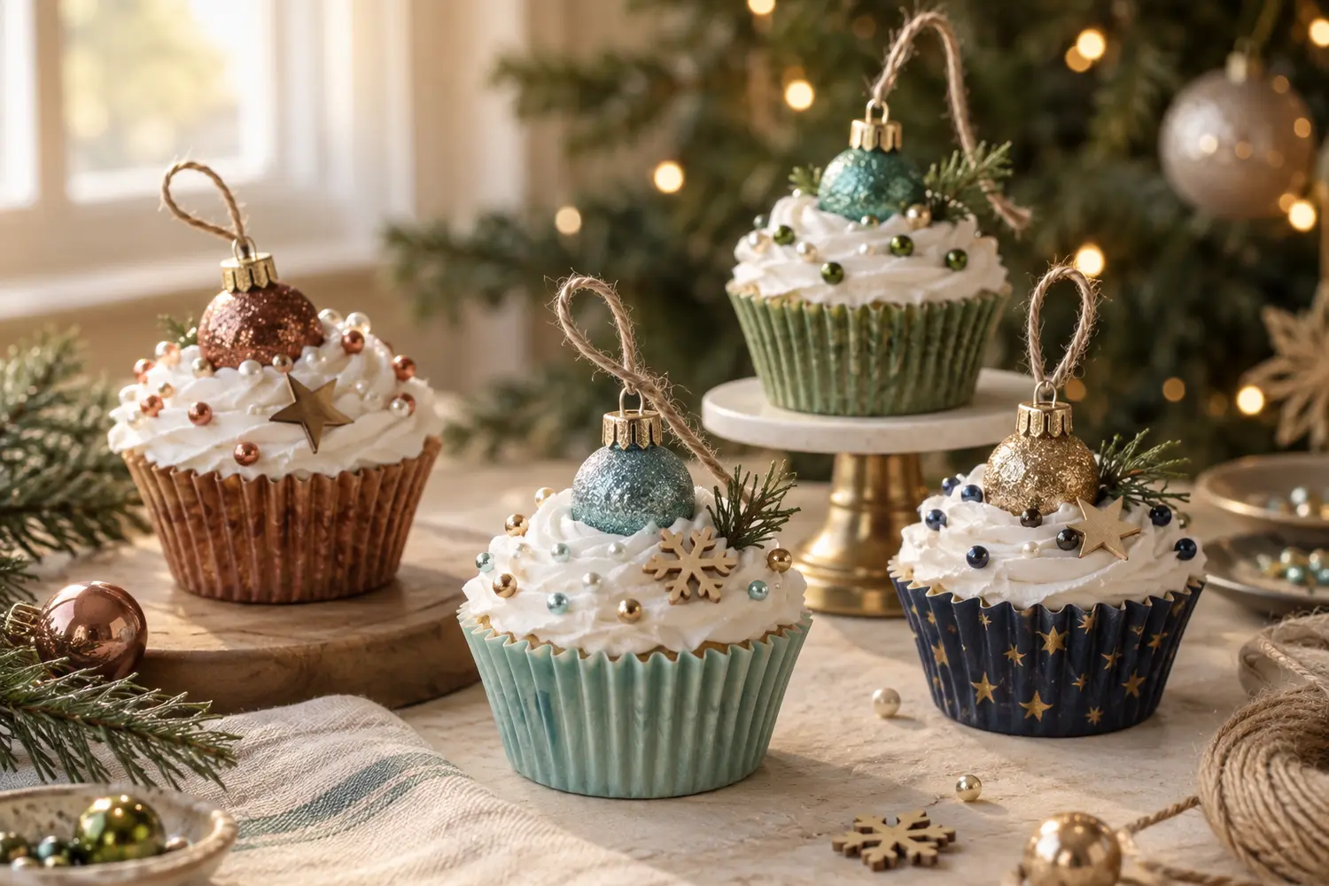 Handmade cupcake ornaments beside a softly lit evergreen tree