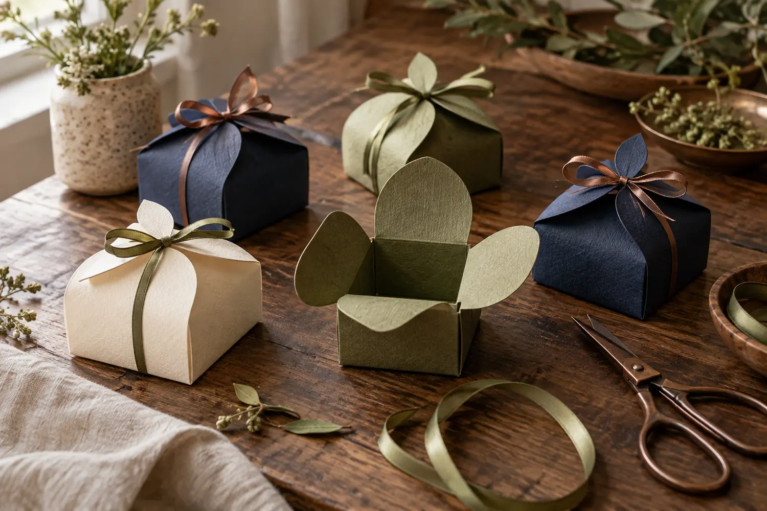 Small handmade petal favor boxes tied with ribbon