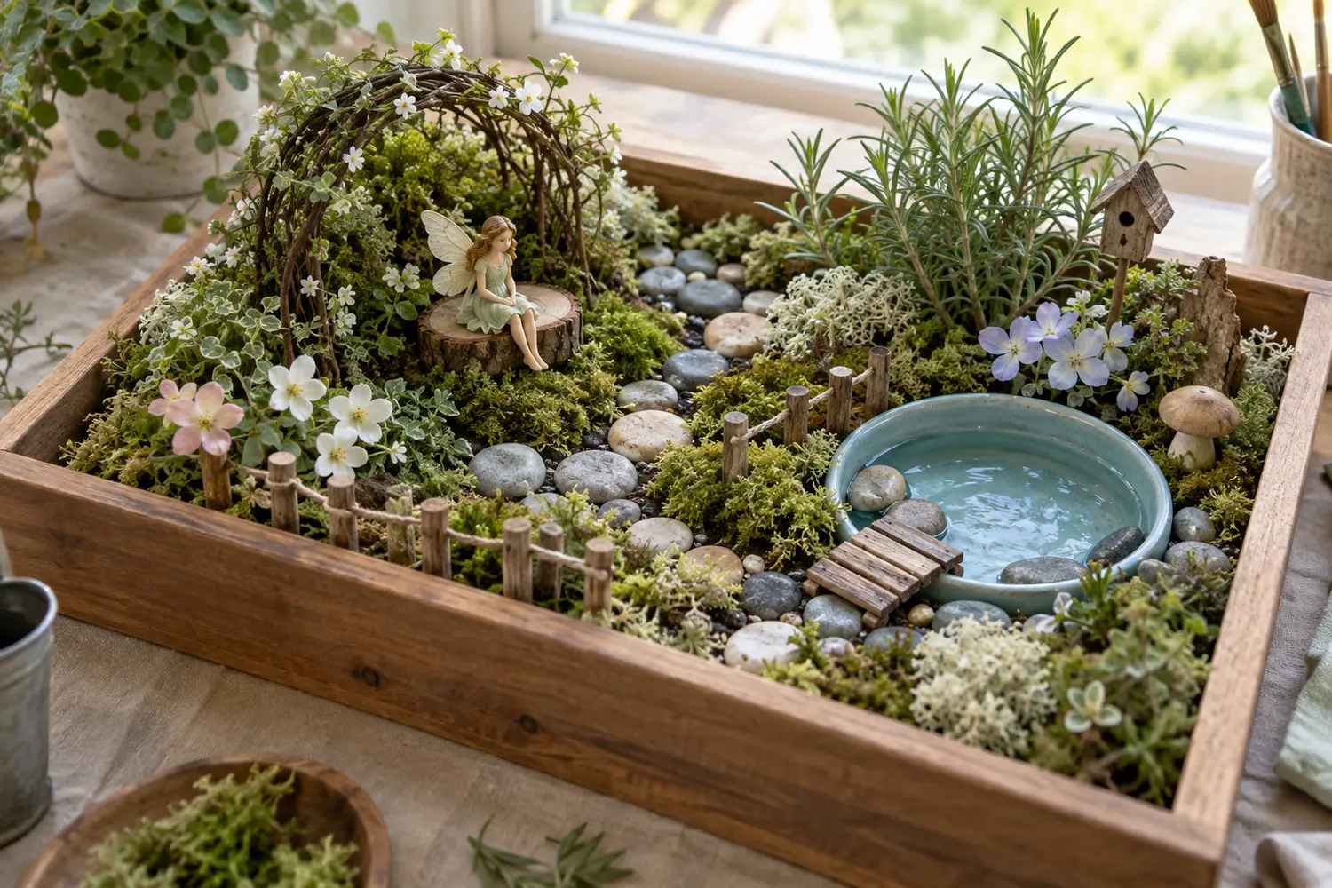 Fairy garden sensory tray with moss, herbs, flowers, stones, and water