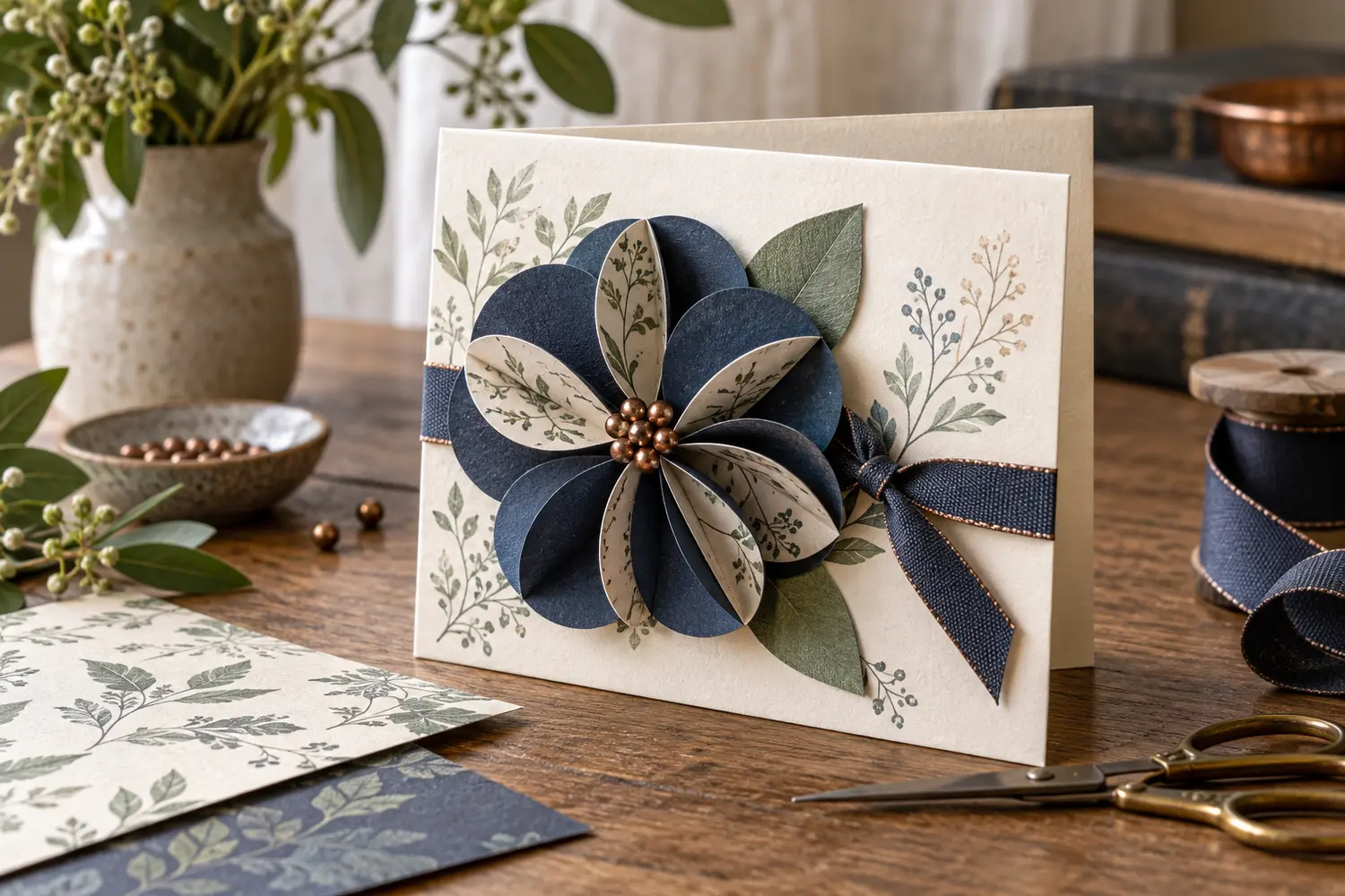 Handmade greeting card with a folded paper flower