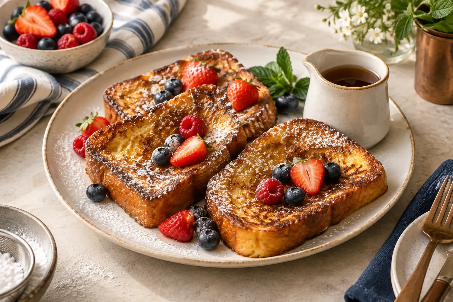 Golden French toast with berries and maple syrup