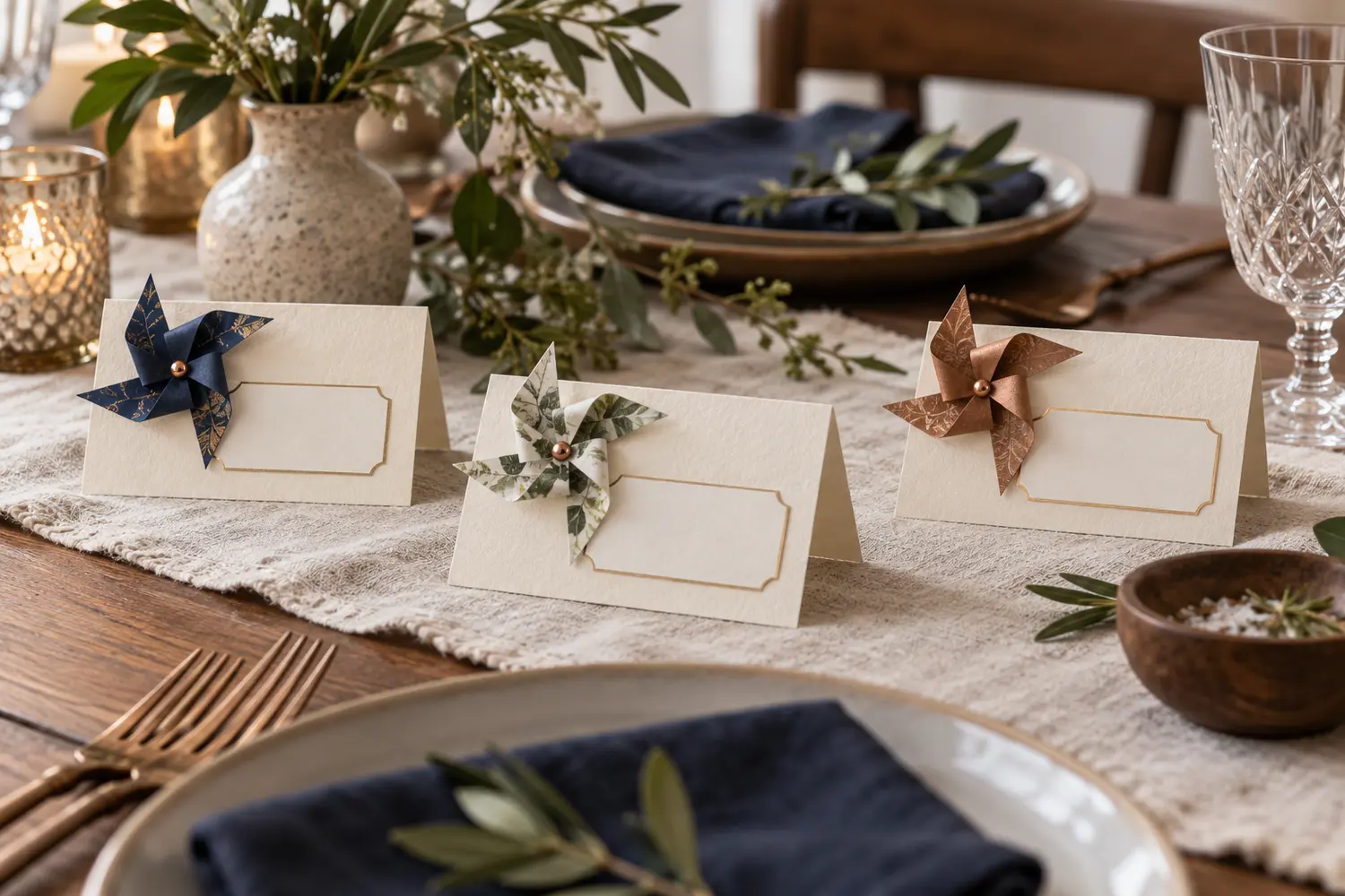 Paper pinwheel place cards on a thoughtfully set table