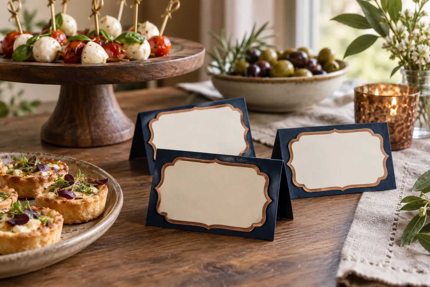 Layered handmade paper labels beside party treats