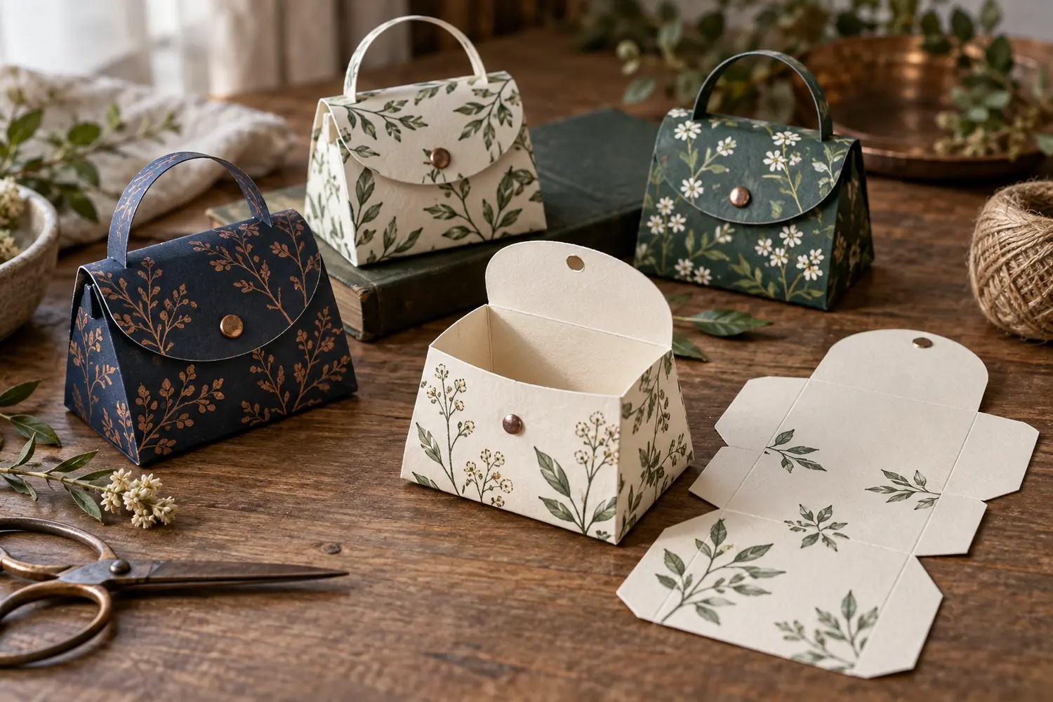 Tiny handmade cardstock purse favor boxes