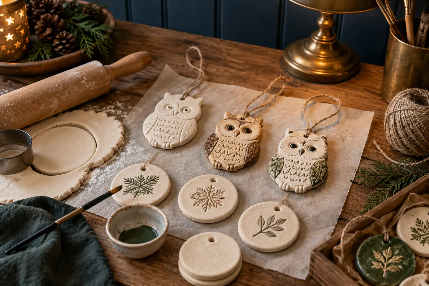 Handmade salt dough owl ornaments on a warm craft table