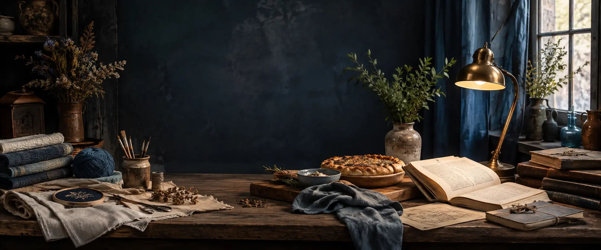 A warm, lived-in creative home after dusk