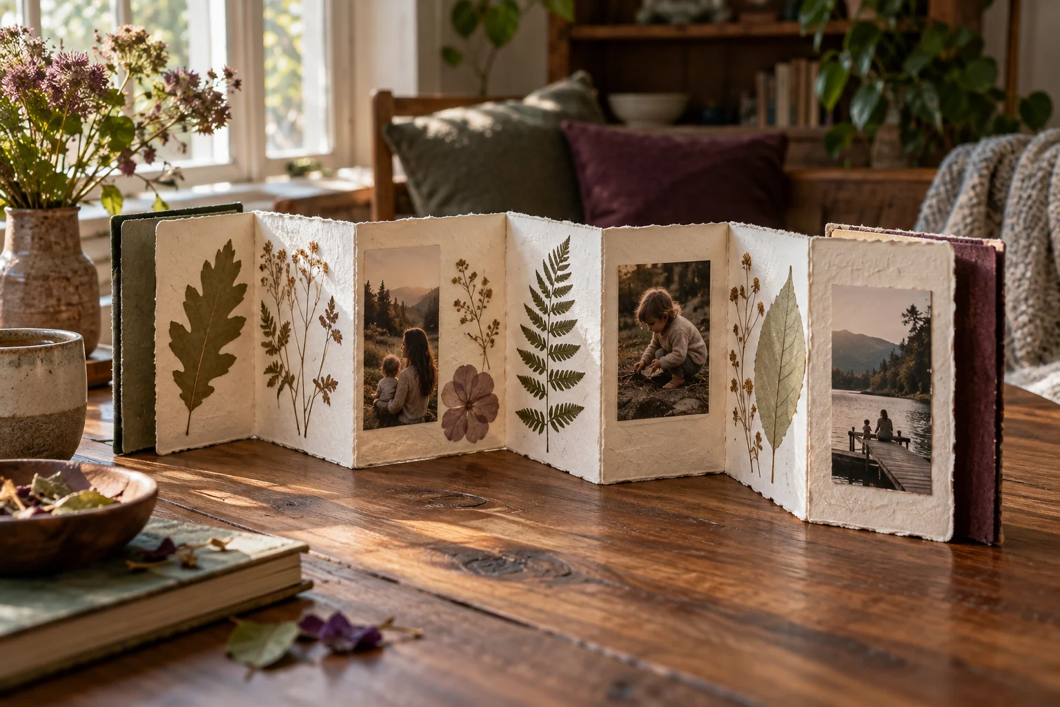 A handmade accordion-fold memory book shows family photographs and pressed-leaf silhouettes on a wooden table