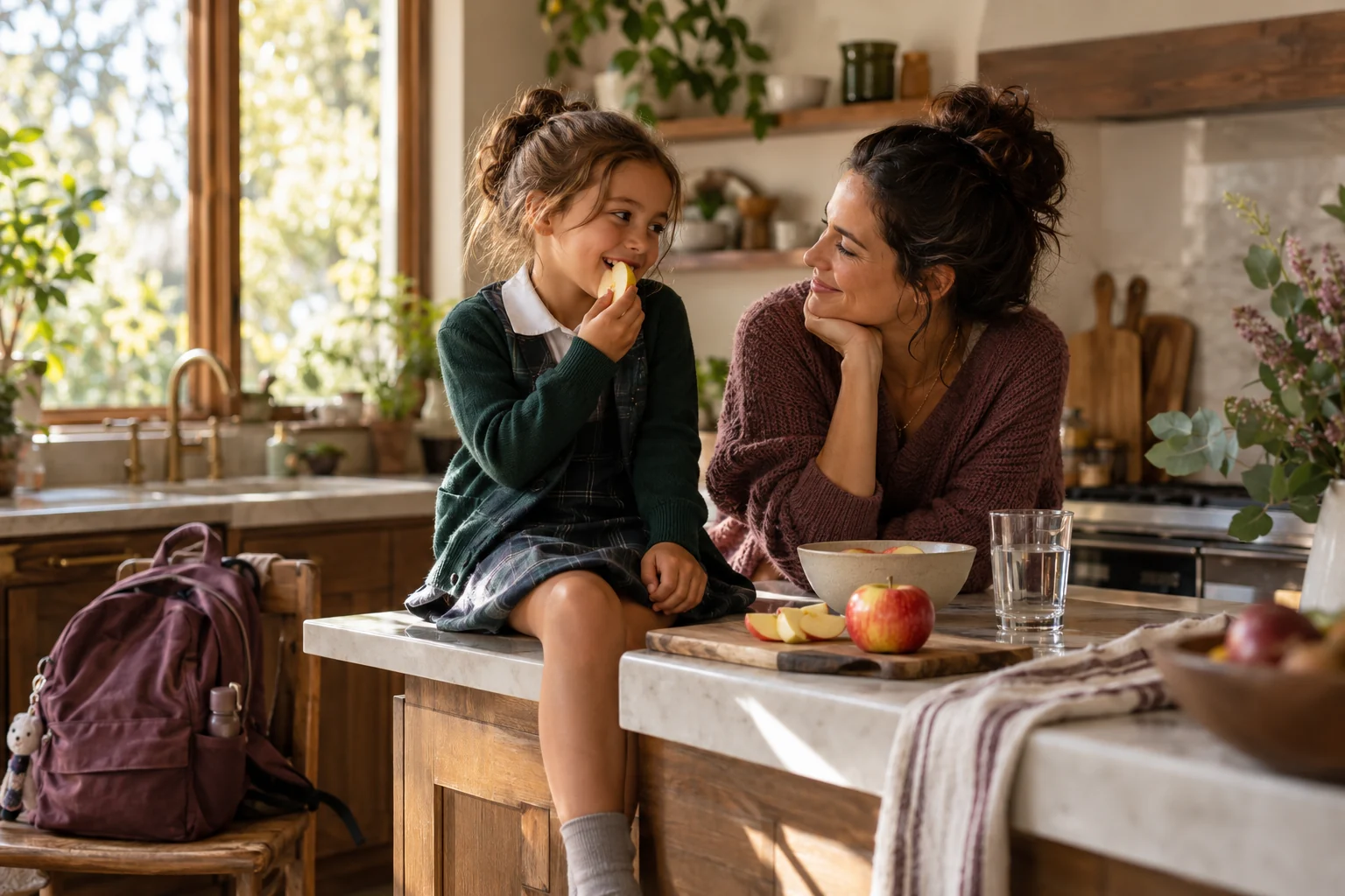 A school-age child settling beside a mother with apple slices and water after coming home