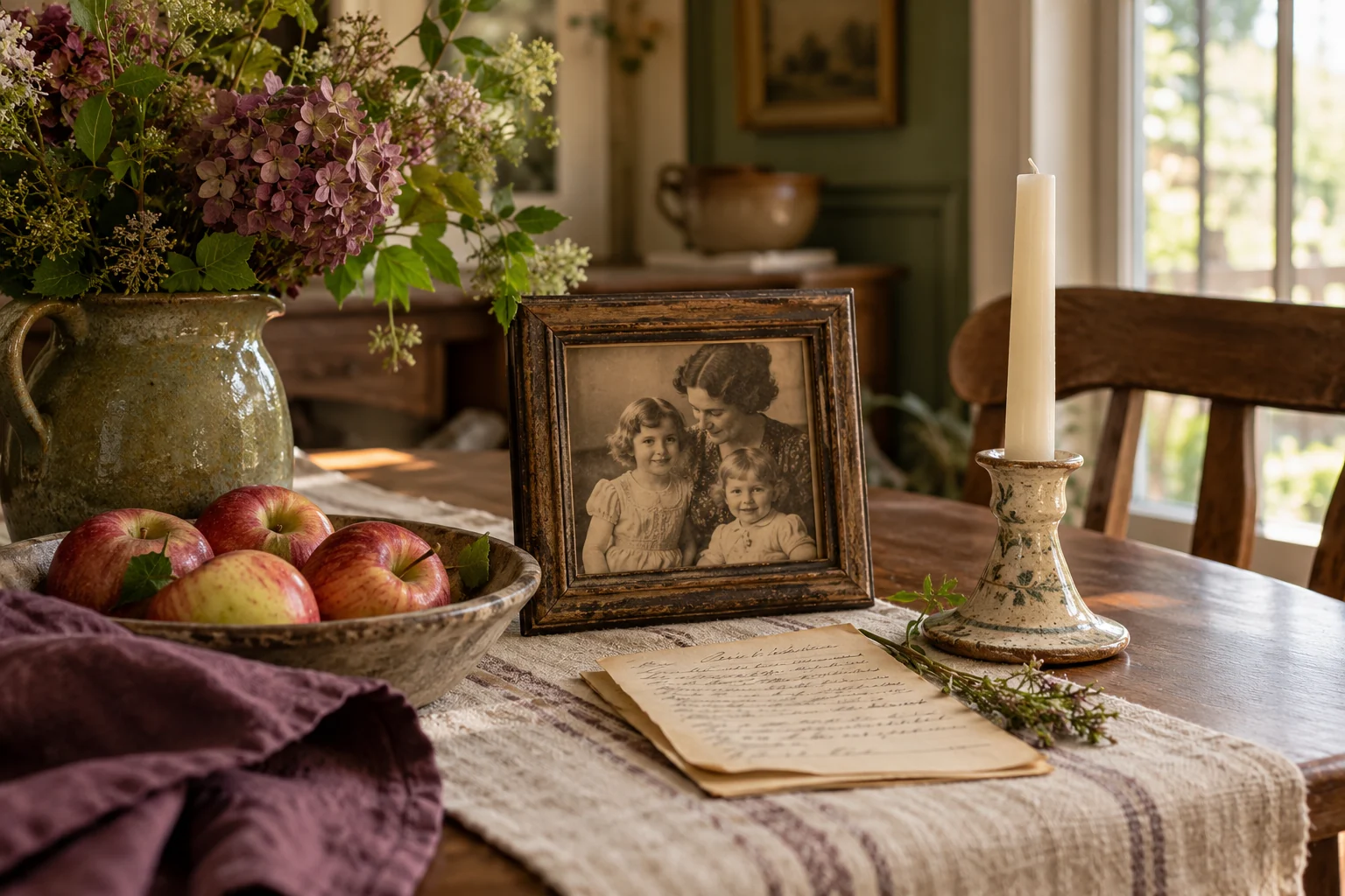 A small remembrance table with a family photograph, apples, and a handwritten recipe