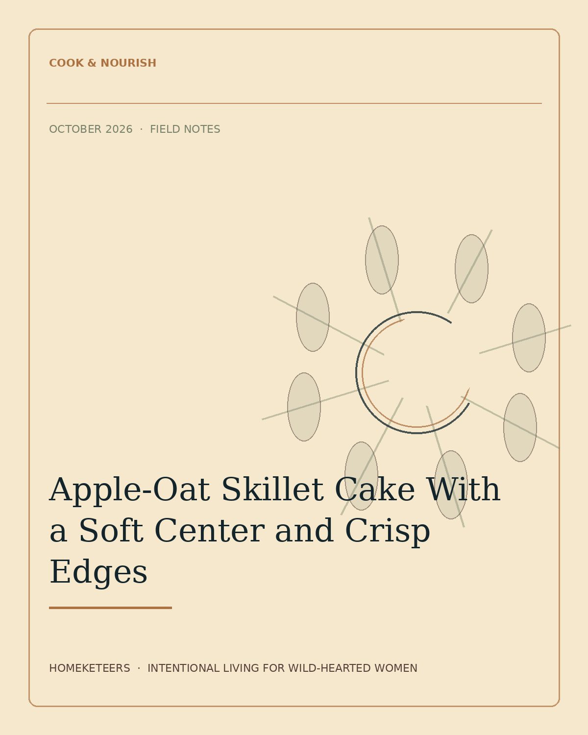 Homeketeers Pinterest feature image for Apple-Oat Skillet Cake With a Soft Center and Crisp Edges. A small-batch apple-oat skillet cake with a browned edge, tender center, clear doneness cues, and easy swaps for a pan that is already in the cupboard.