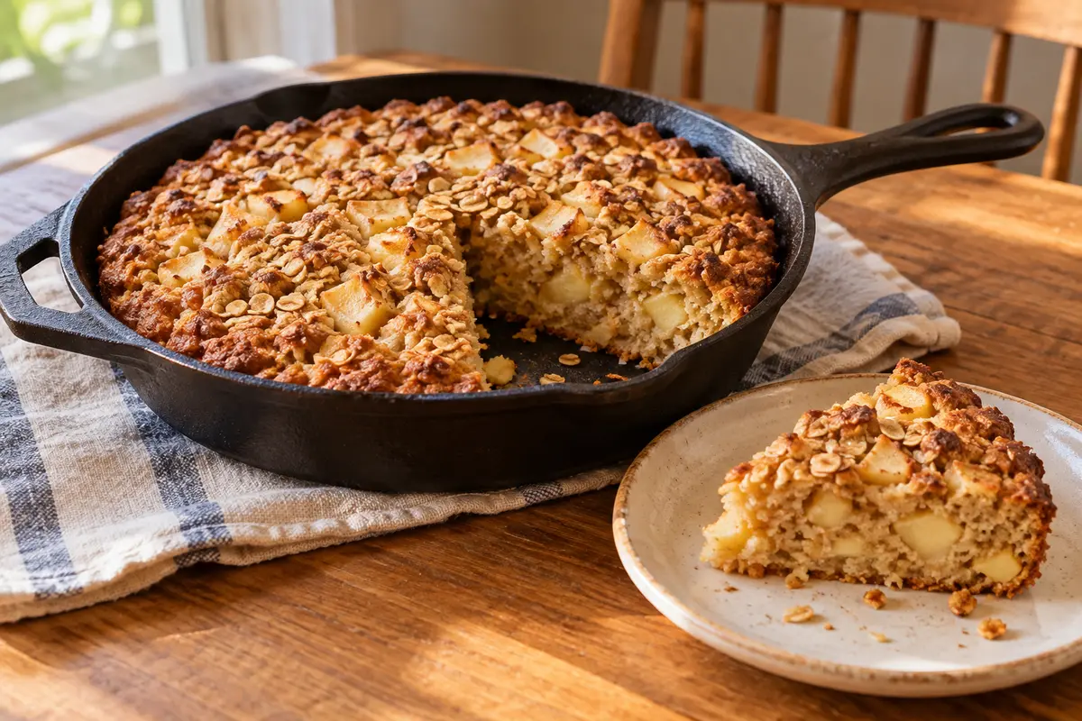 Warm apple oat skillet cake with a tender center cooling in a cast-iron pan.