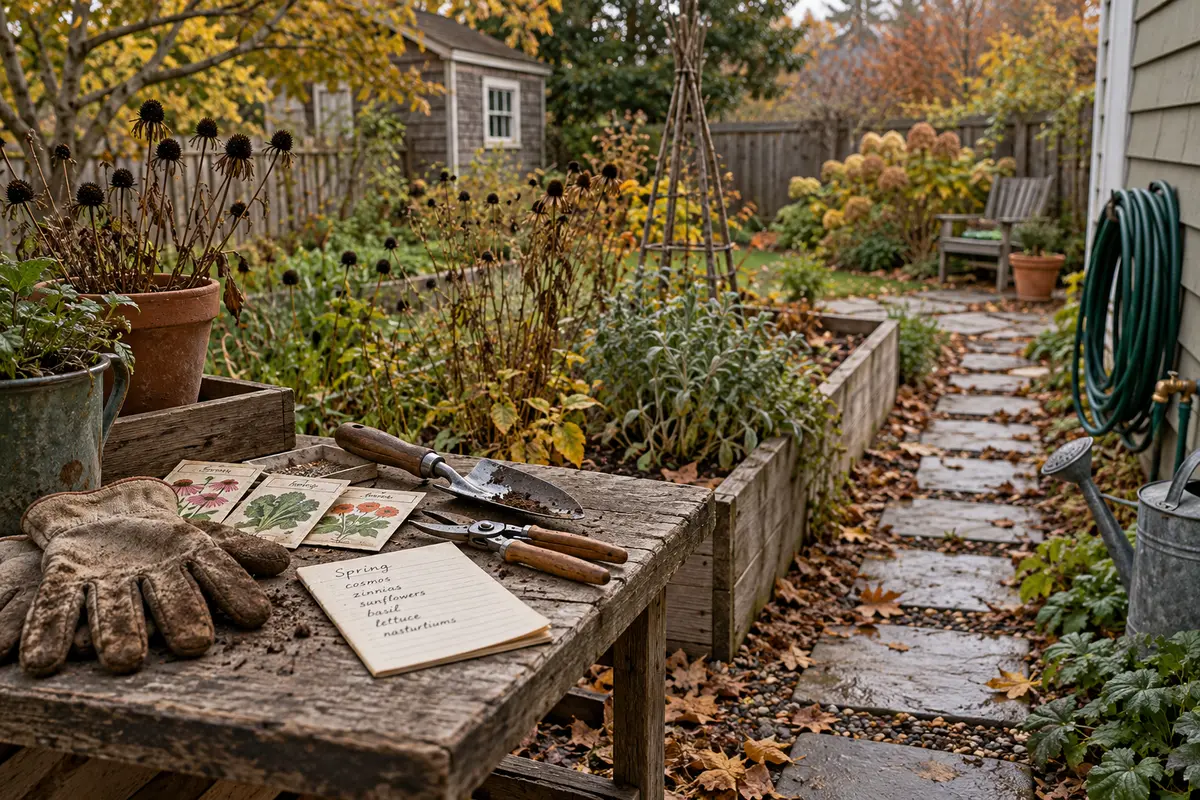 A modest autumn garden with tools, labeled seed packets, and a clear path before winter.