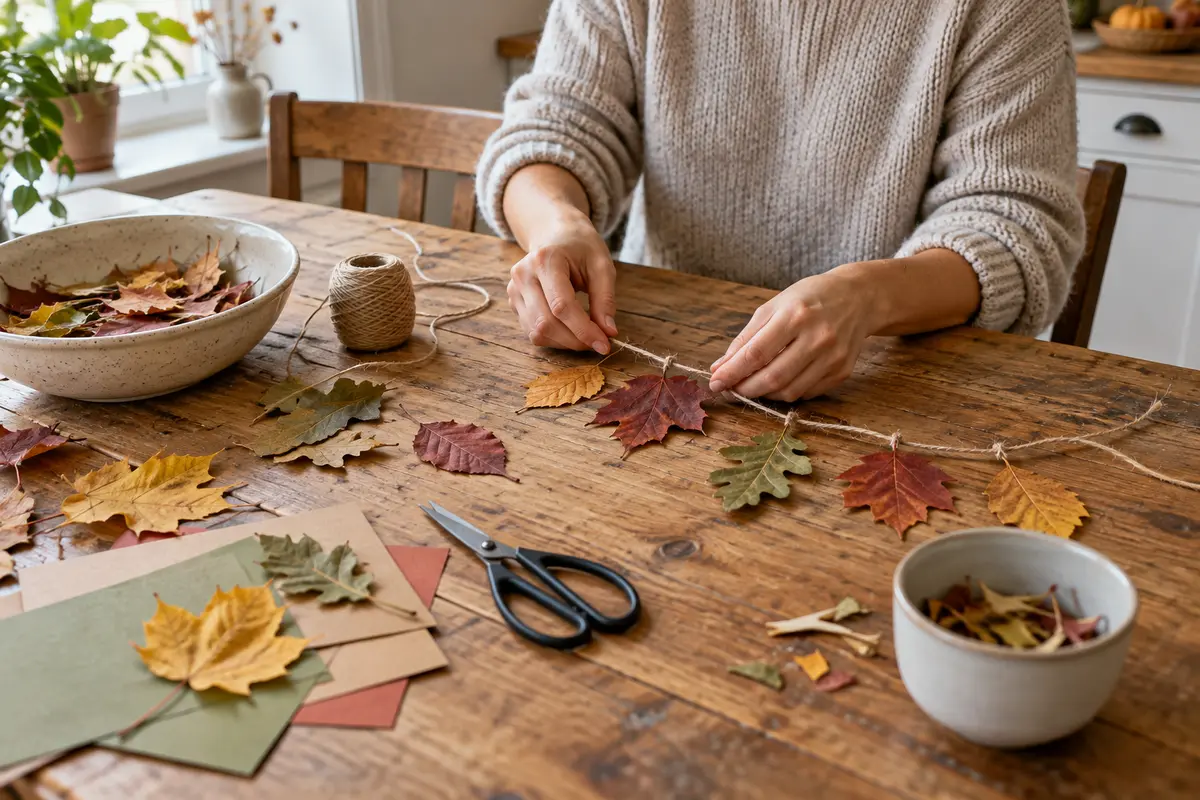 An autumn craft workspace with one small project, staged materials, and a cleanup tray.