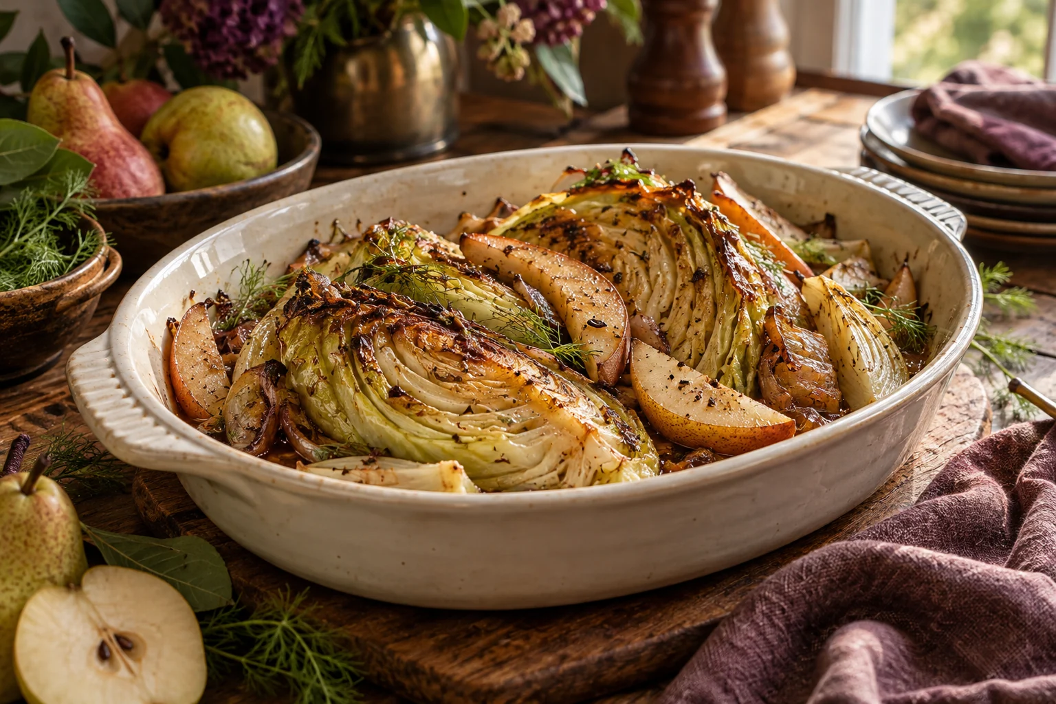 Golden braised cabbage wedges and apple slices sit in a ceramic serving dish with thyme
