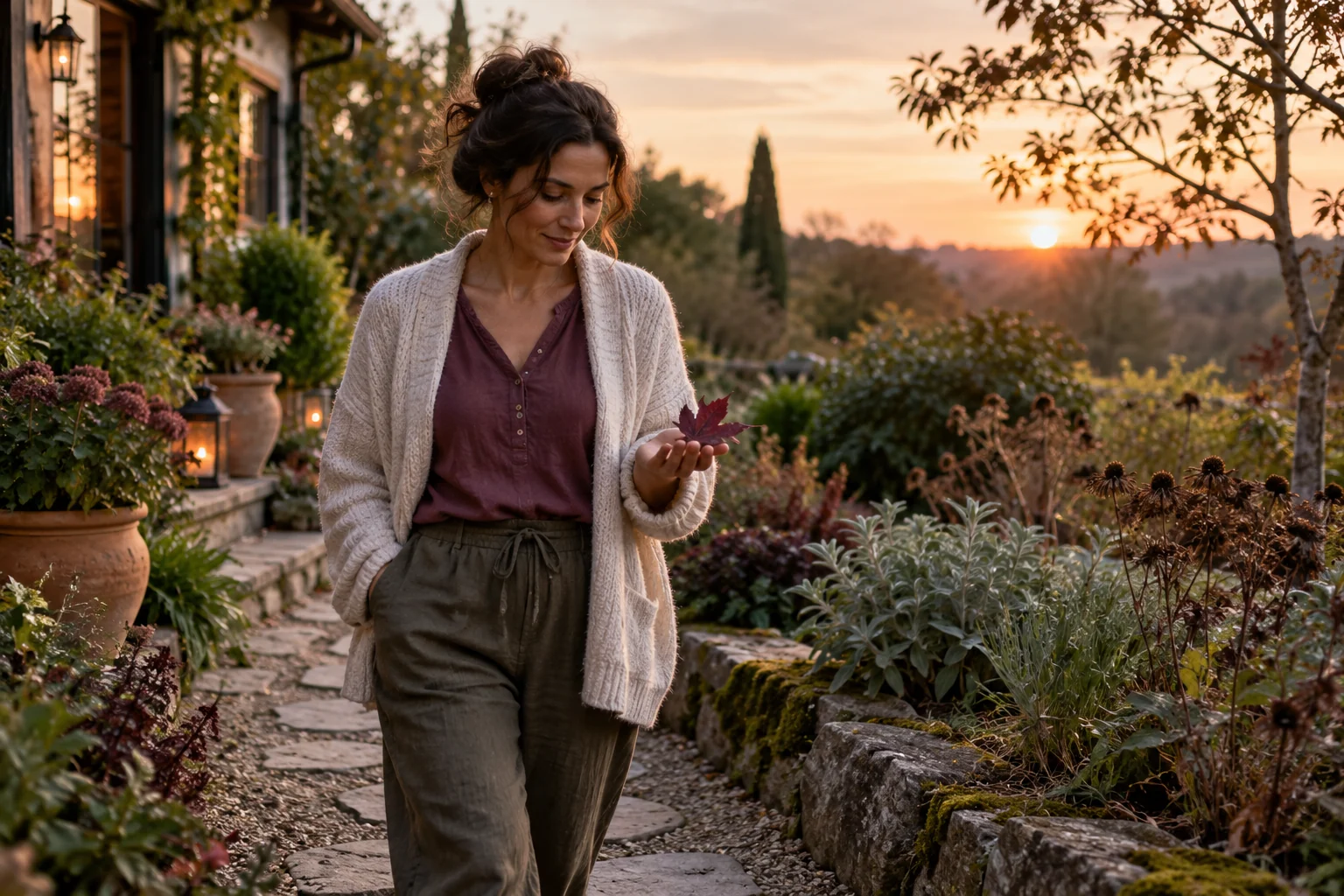 A woman walking an ordinary garden path at dusk and noticing a fallen leaf