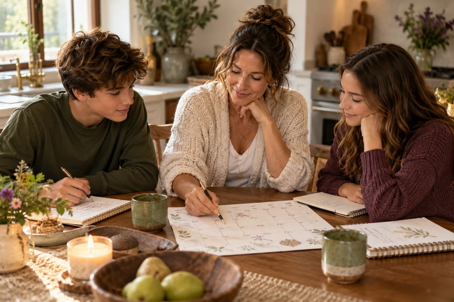 A mother and two teenagers planning together with notebooks and a hand-drawn calendar