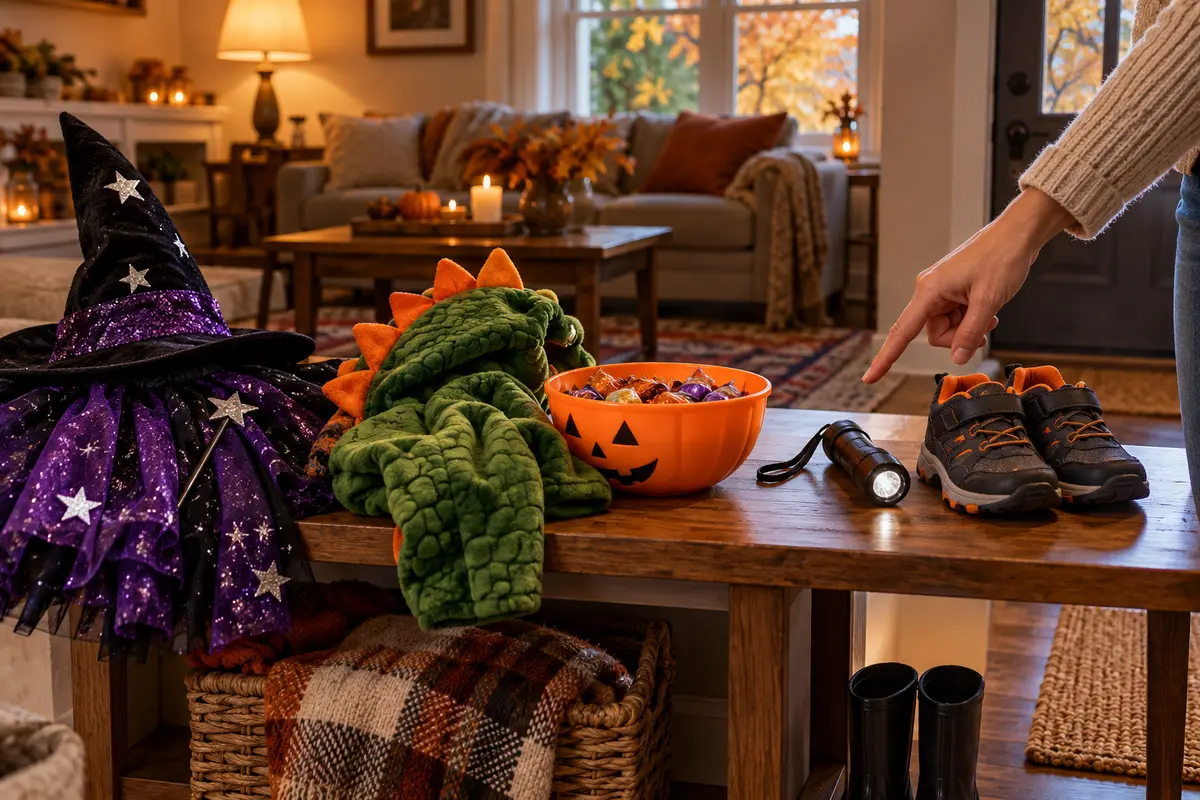 A family Halloween plan beside a child-sized costume and a small home-base setup.