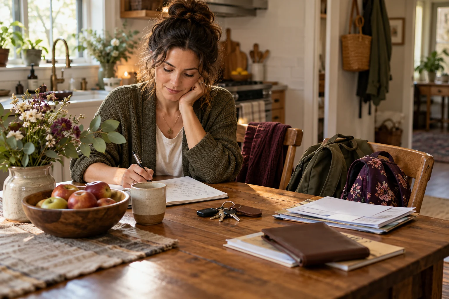 A woman reviewing household notes beside keys, mail, and school bags at a warm kitchen table
