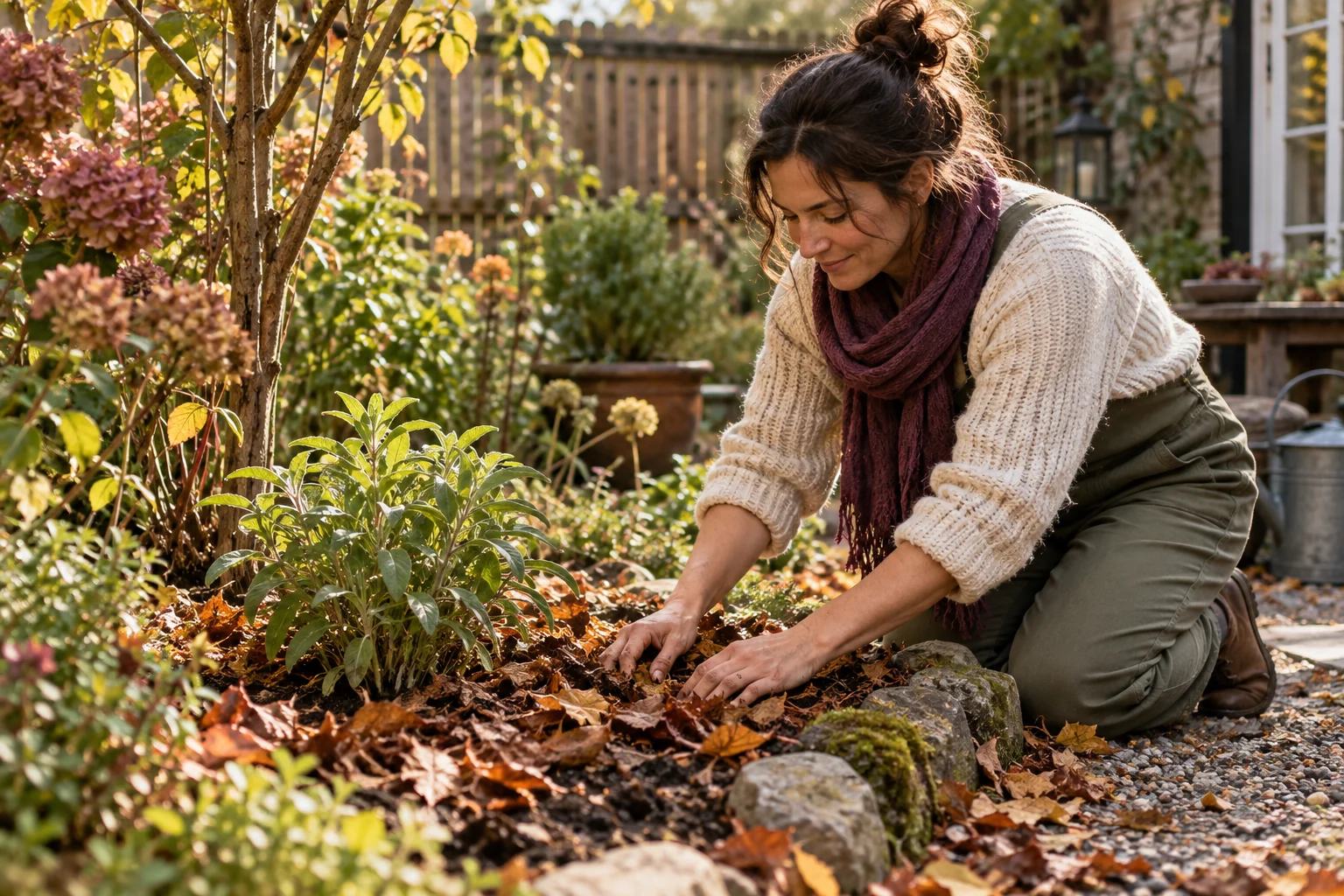 A woman arranges fallen leaves around a garden bed in a warm autumn backyard
