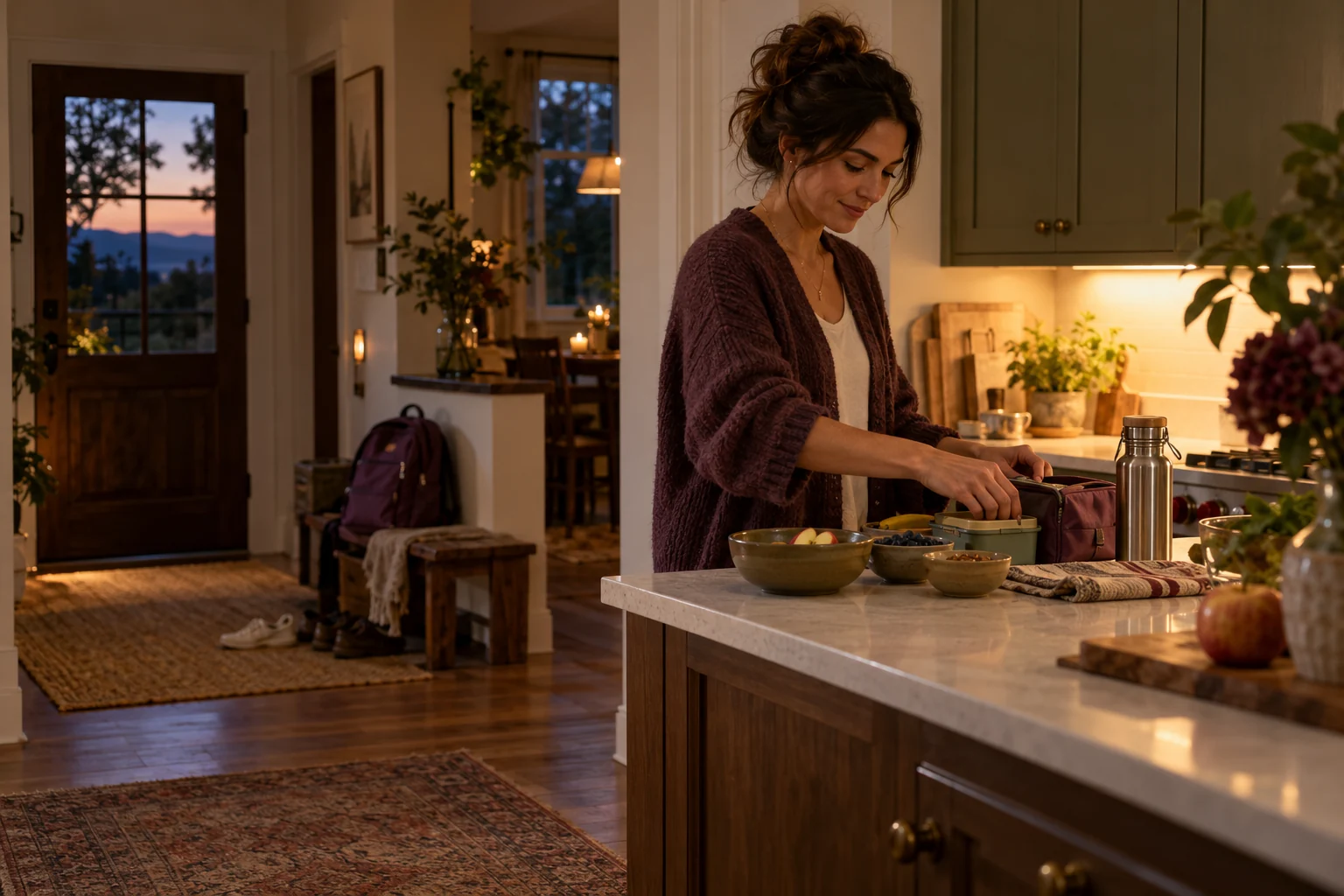 A quiet kitchen at dusk with tomorrow's essentials beside a school backpack and shoes