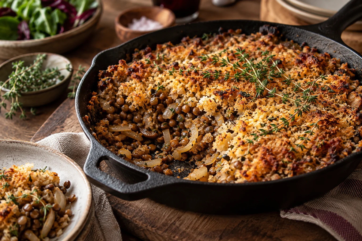 A cast-iron skillet holds mushroom and lentil filling beneath a golden savory breadcrumb topping