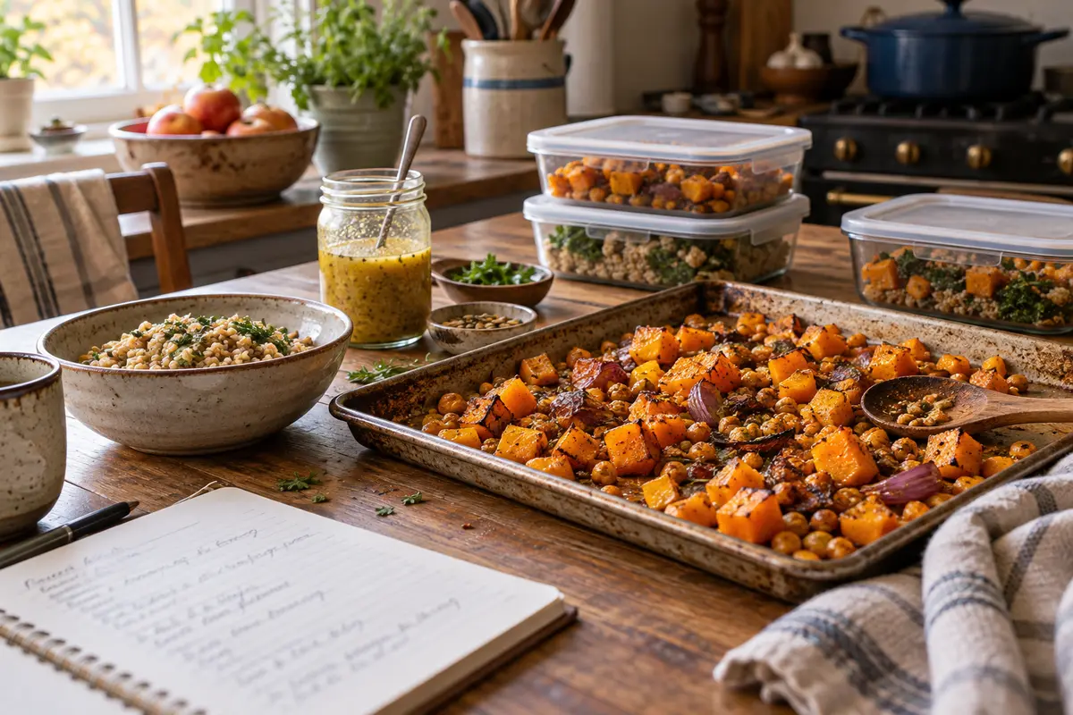 Roasted squash, chickpeas, and labeled leftovers prepared for a flexible October supper plan.