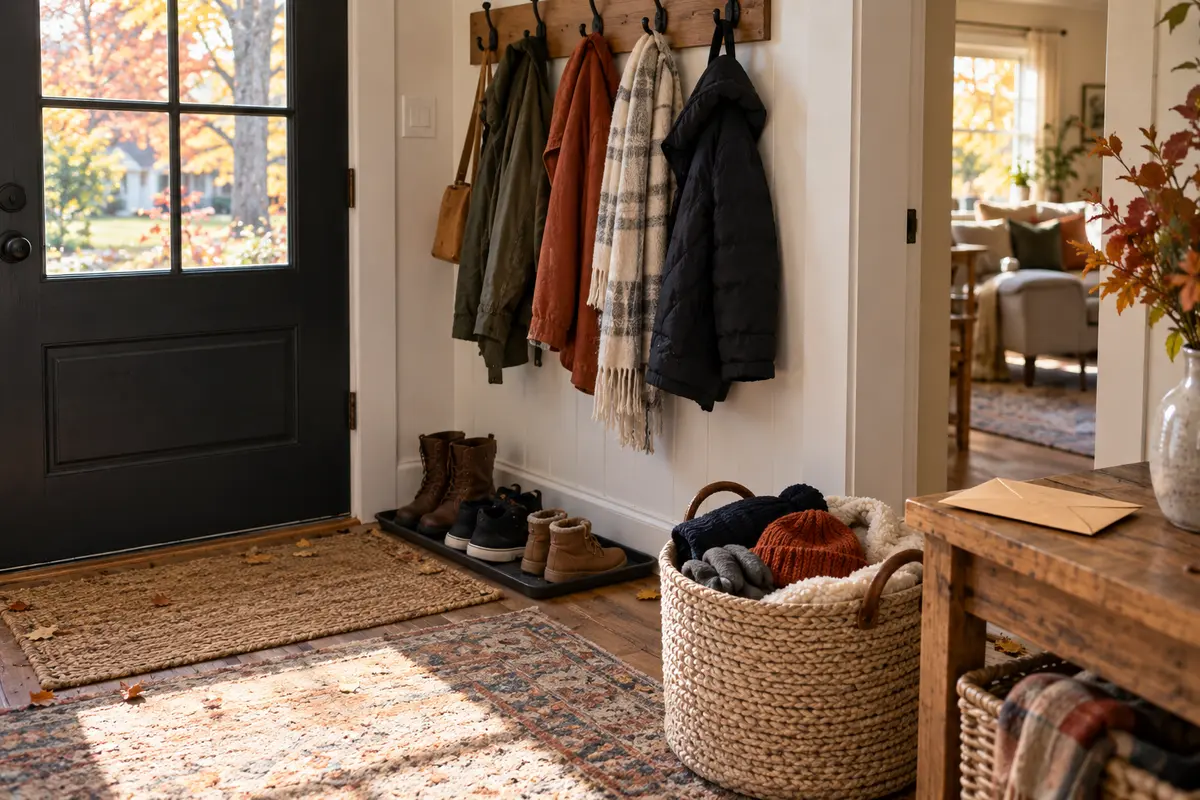A lived-in October entryway with practical hooks, a basket, and a clear path.