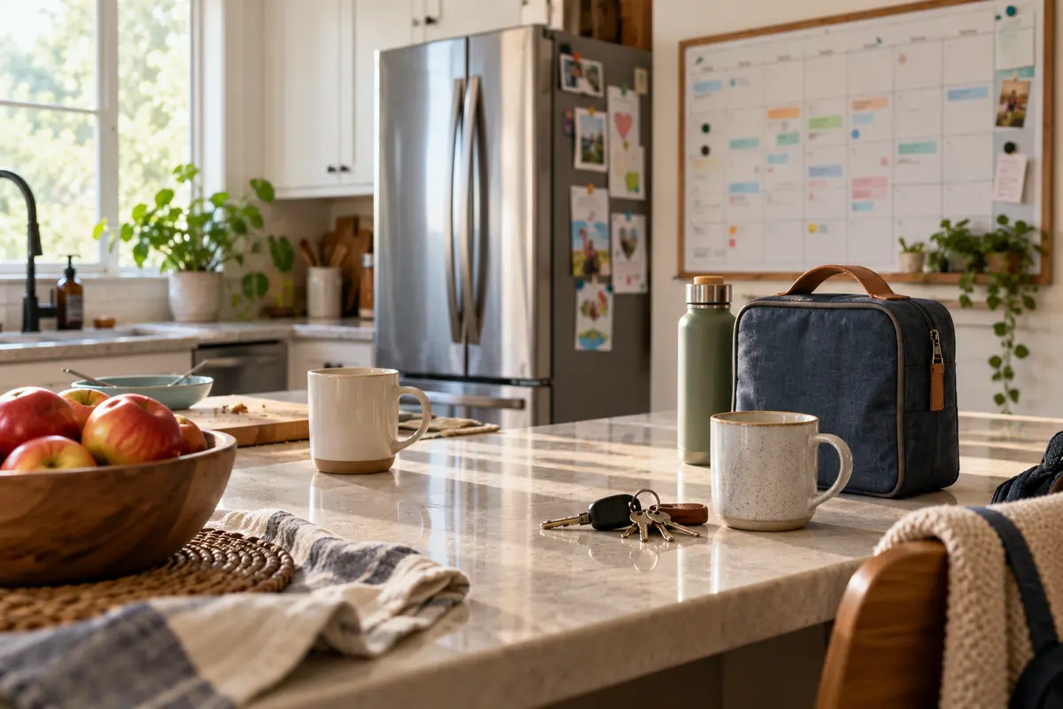 A handwritten four-week family routine plan beside a calendar and warm mugs.