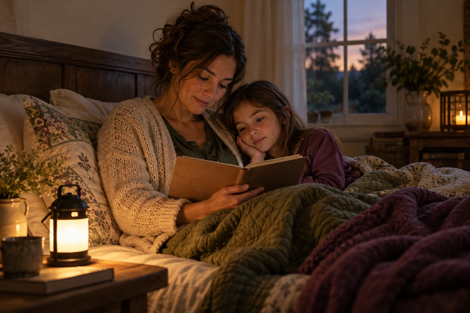 A woman and child read together in a warmly lit living room