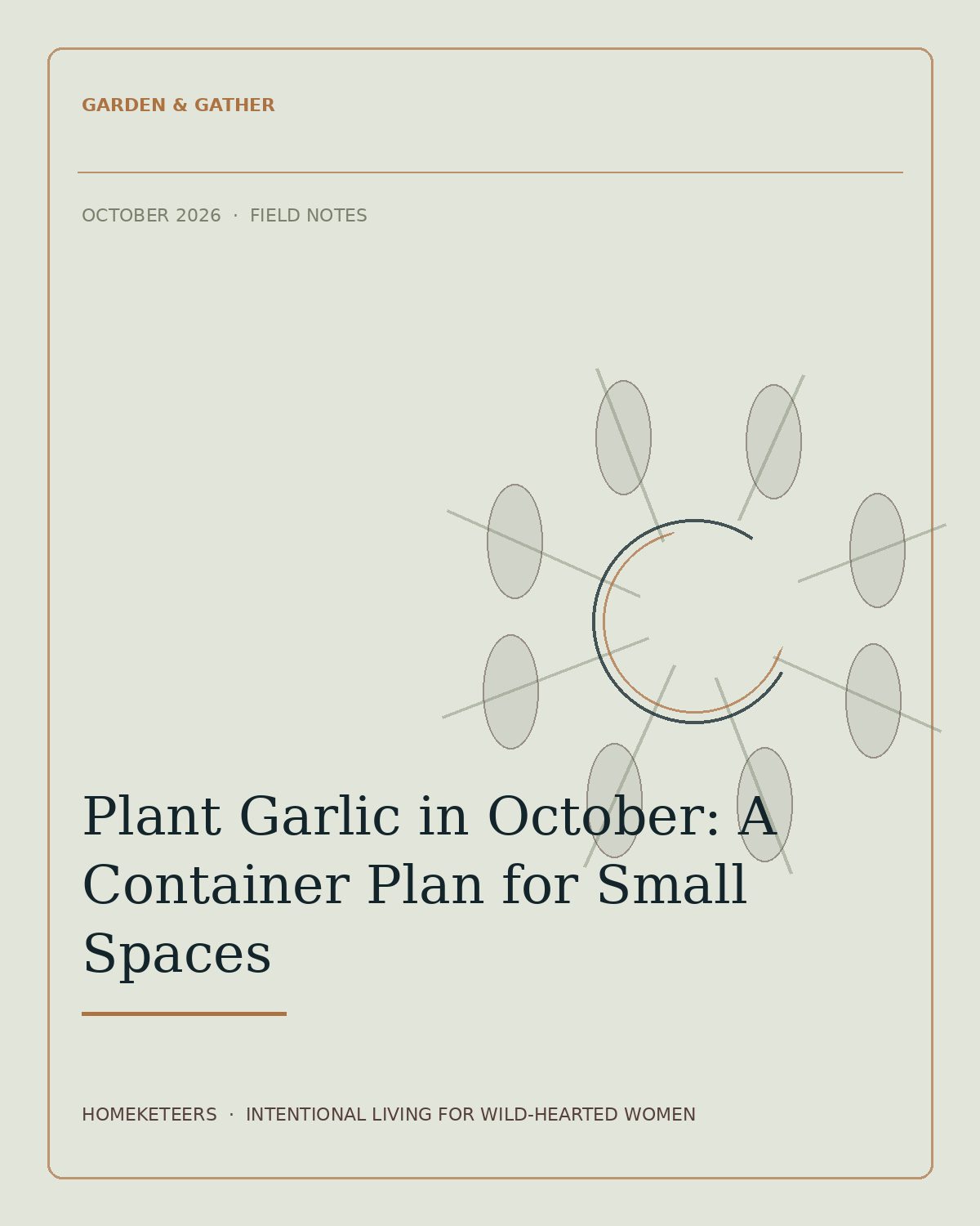 Homeketeers Pinterest feature image for Plant Garlic in October: A Container Plan for Small Spaces. Plan a fall garlic container by checking local timing, drainage, bulb type, depth, spacing, and winter exposure before planting, with a record sheet for the variety you choose.