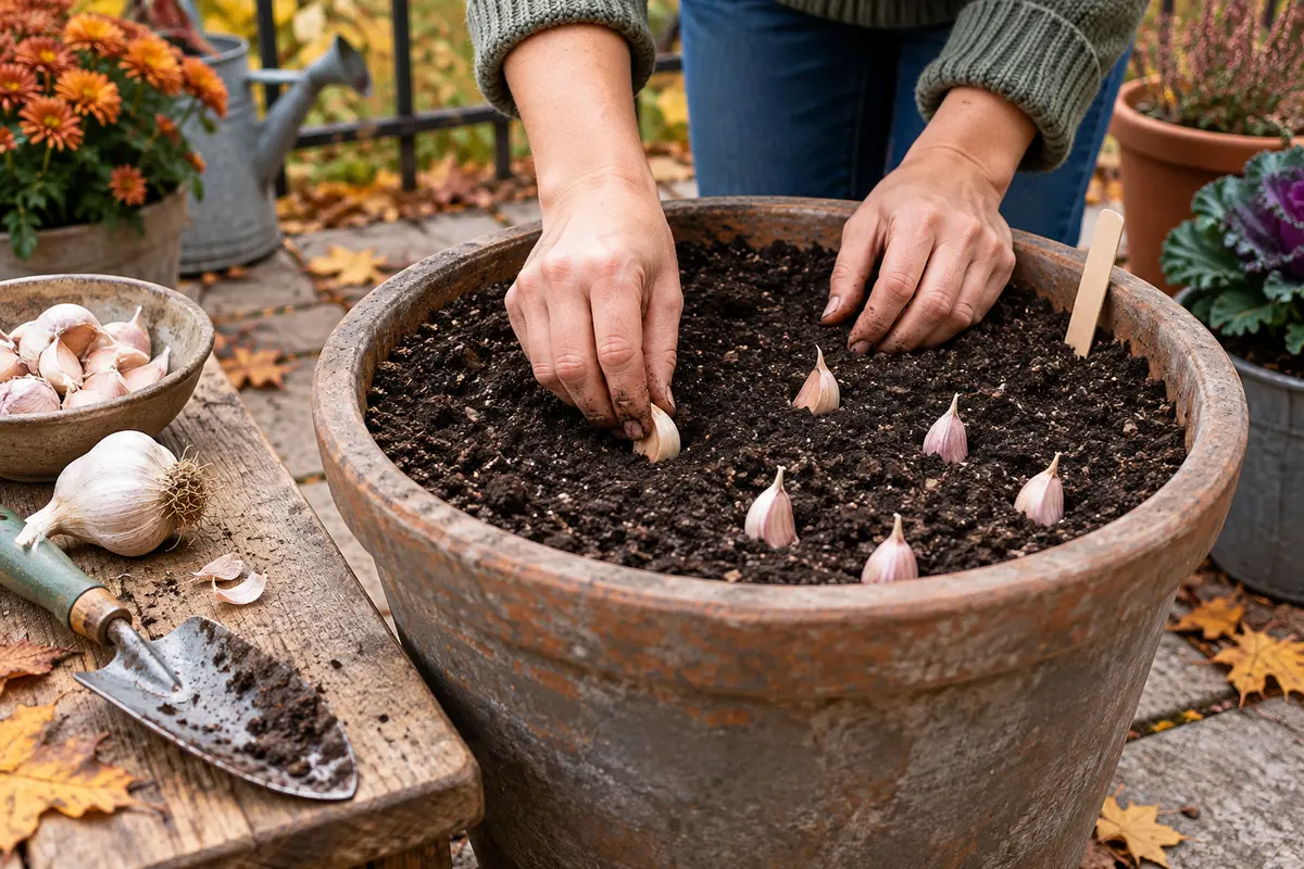 Garlic cloves ready for planting in a deep container on an autumn balcony.