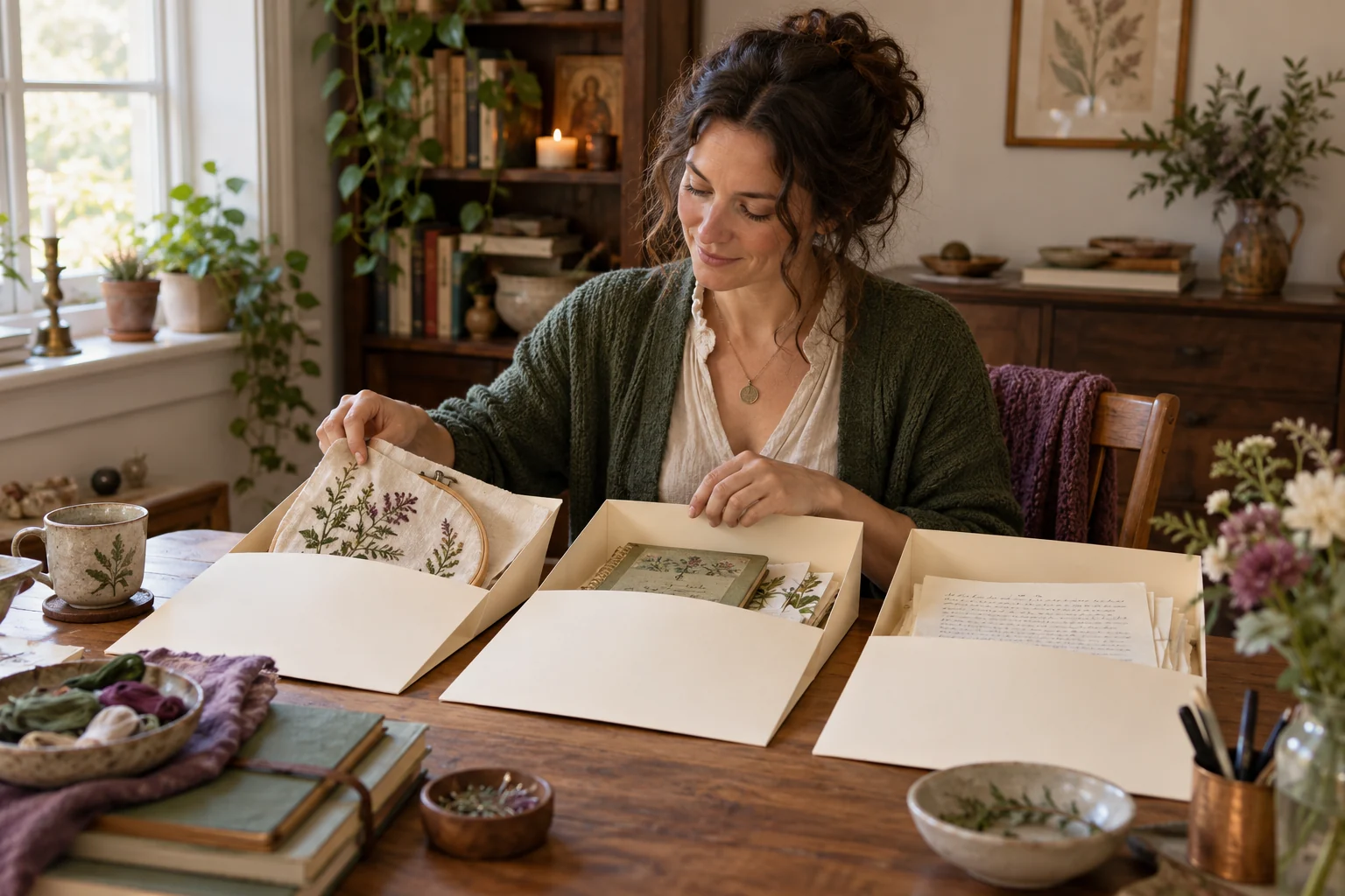 A woman reviews loose papers and an open notebook at a kitchen table
