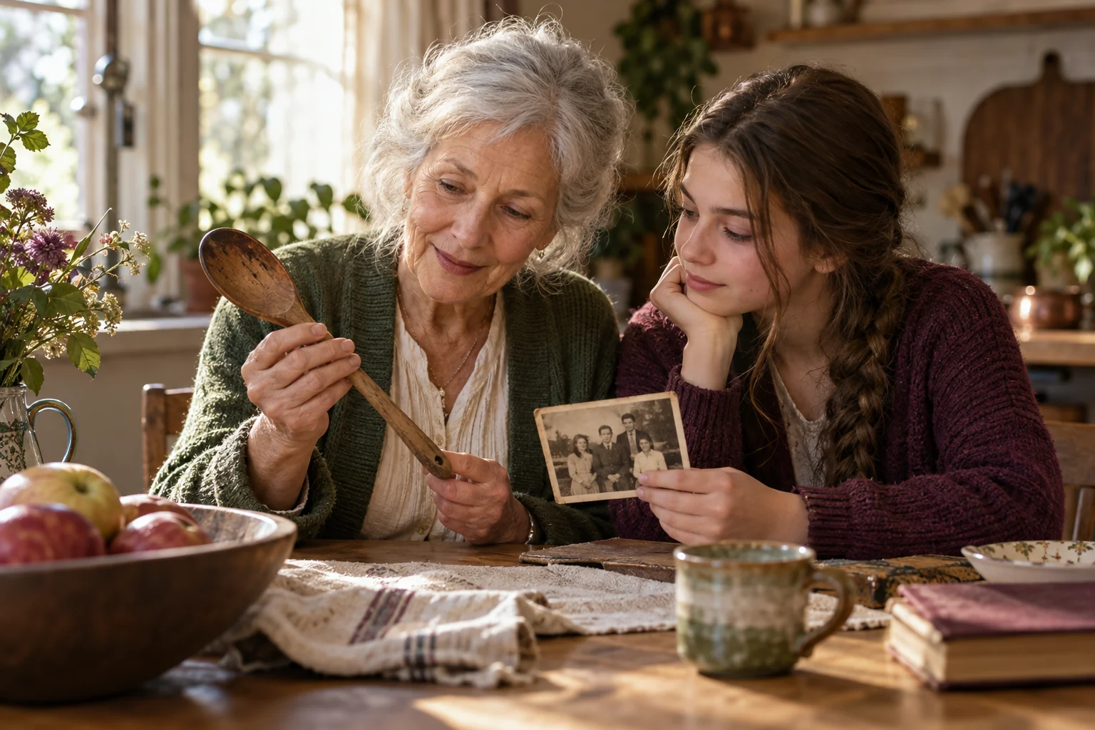 An older woman and a younger woman compare a handwritten recipe card and a family photograph in a warm kitchen