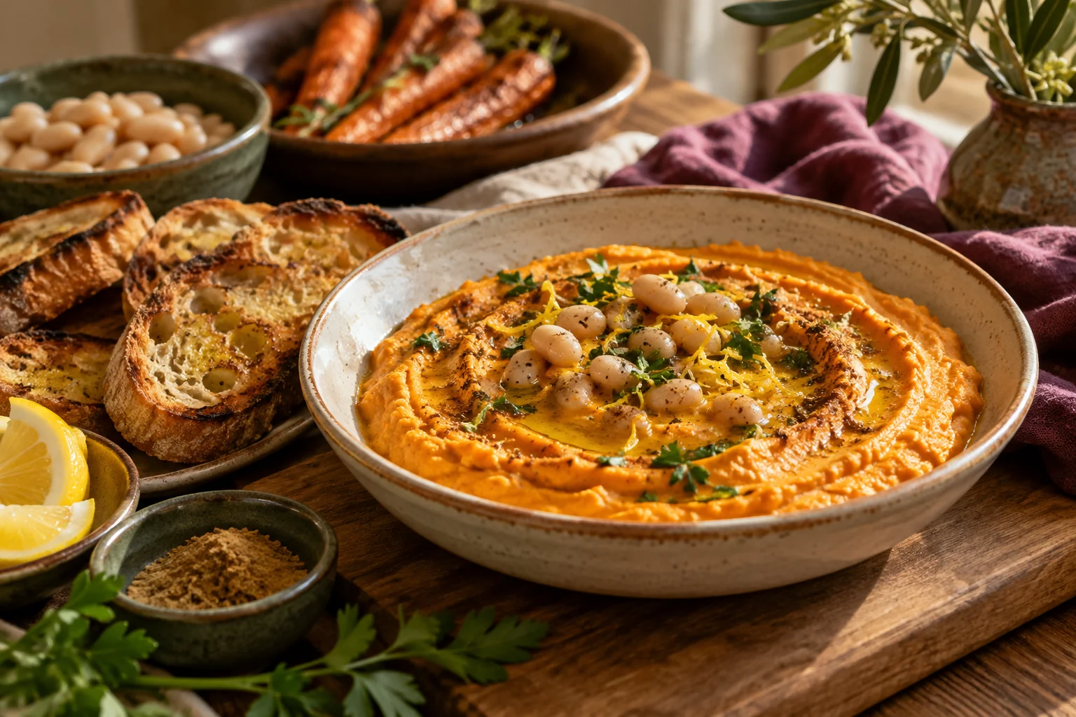 A ceramic bowl of golden carrot and white bean soup is topped with beans and herbs beside rustic bread