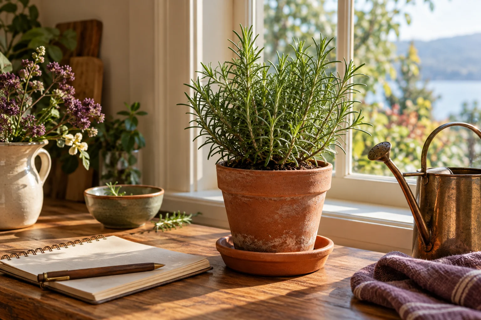 A potted rosemary plant sits beside a bright kitchen window with a notebook and ceramic watering pitcher