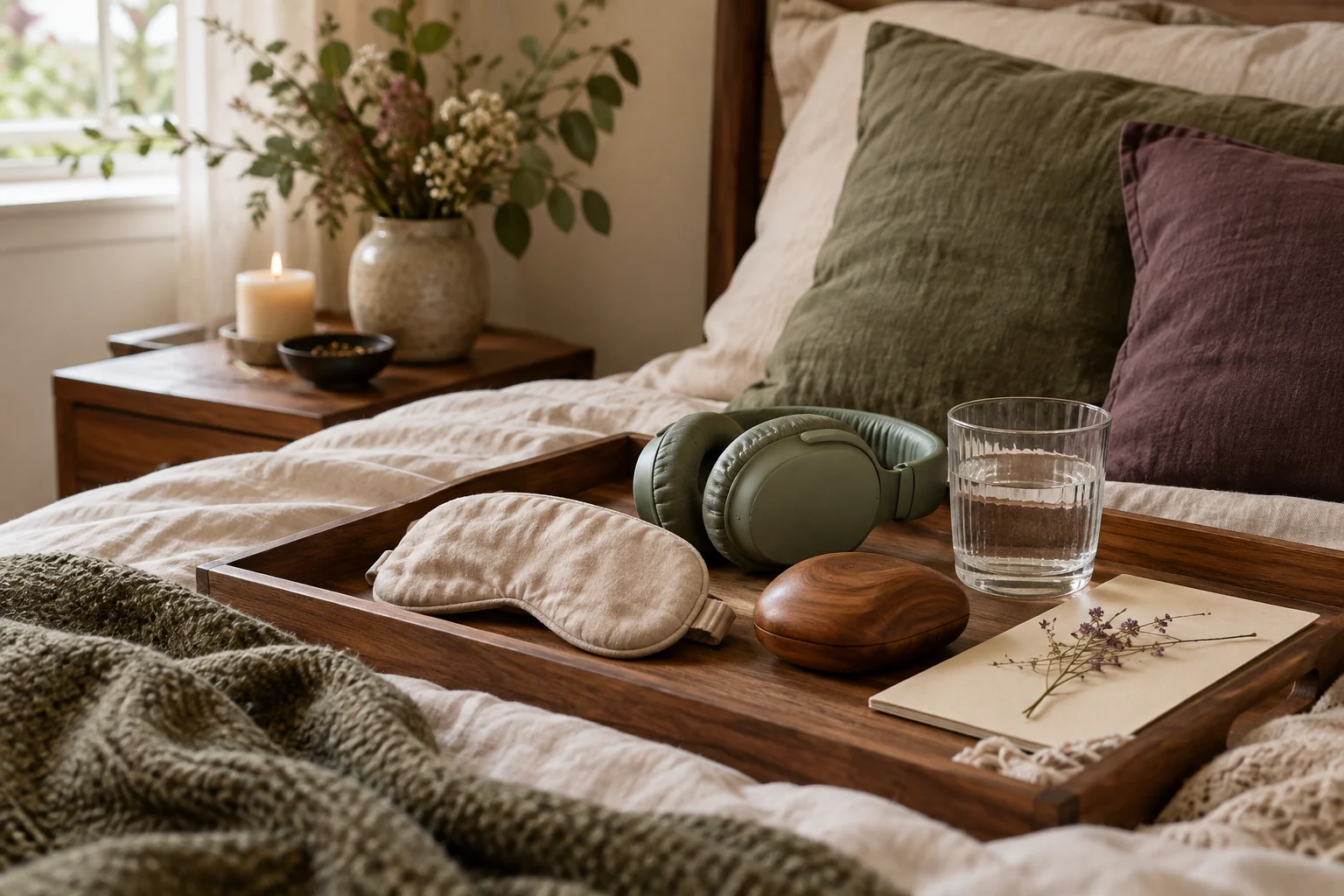 A small tray holds an eye cover, ear defenders, a smooth wooden object, and a glass of water