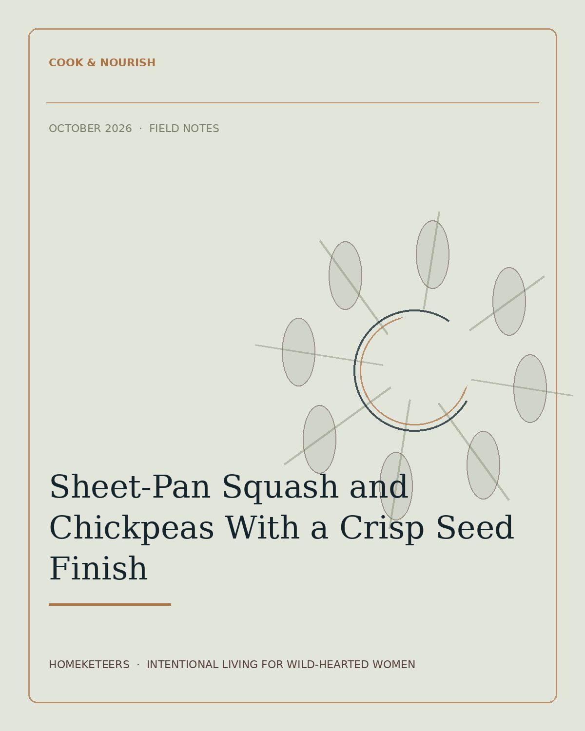 Homeketeers Pinterest feature image for Sheet-Pan Squash and Chickpeas With a Crisp Seed Finish. Roast squash and chickpeas on separate zones of one pan, then finish with a bright lemon dressing and crunchy seeds for a flexible autumn supper that serves four.