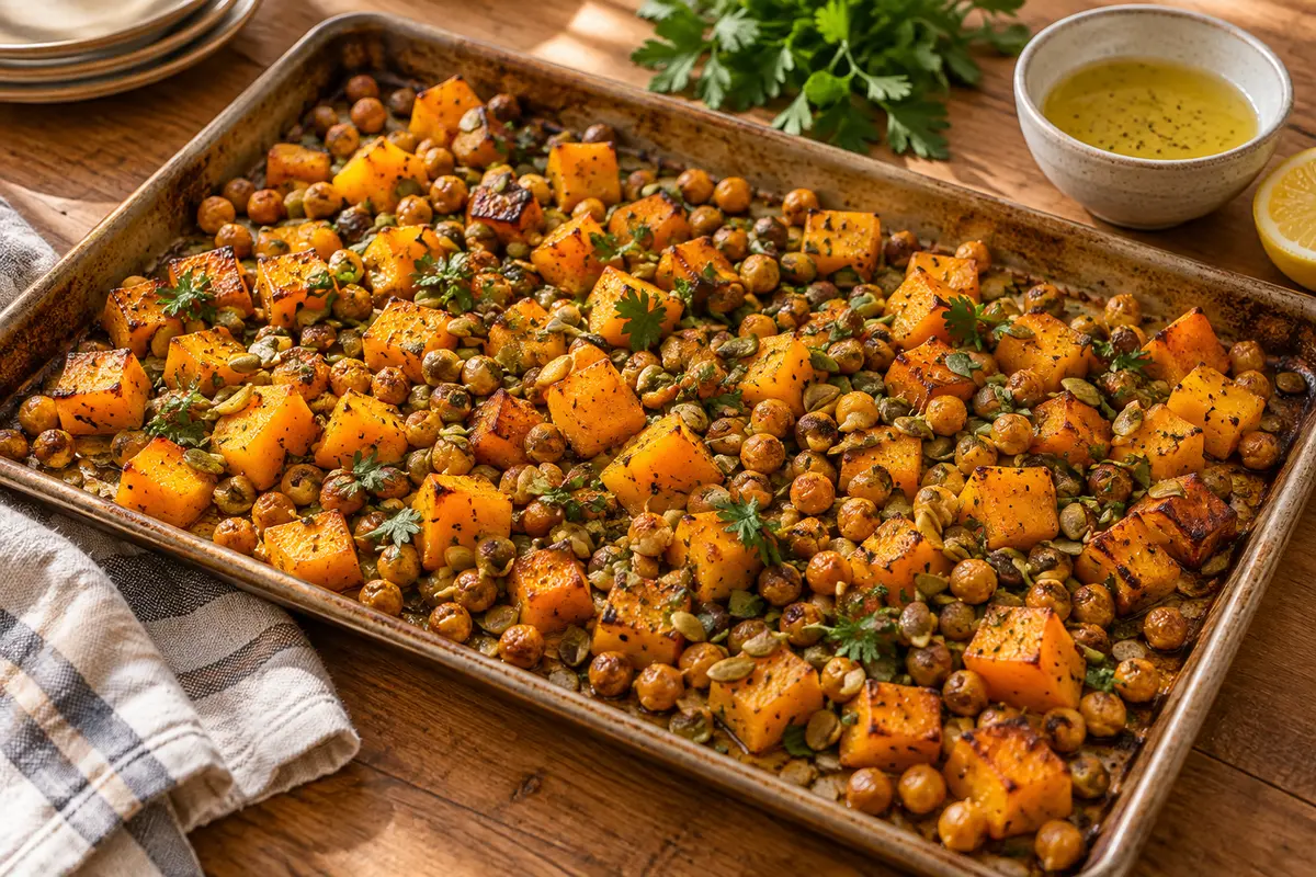 Roasted squash and chickpeas with toasted seeds on a well-used kitchen table.