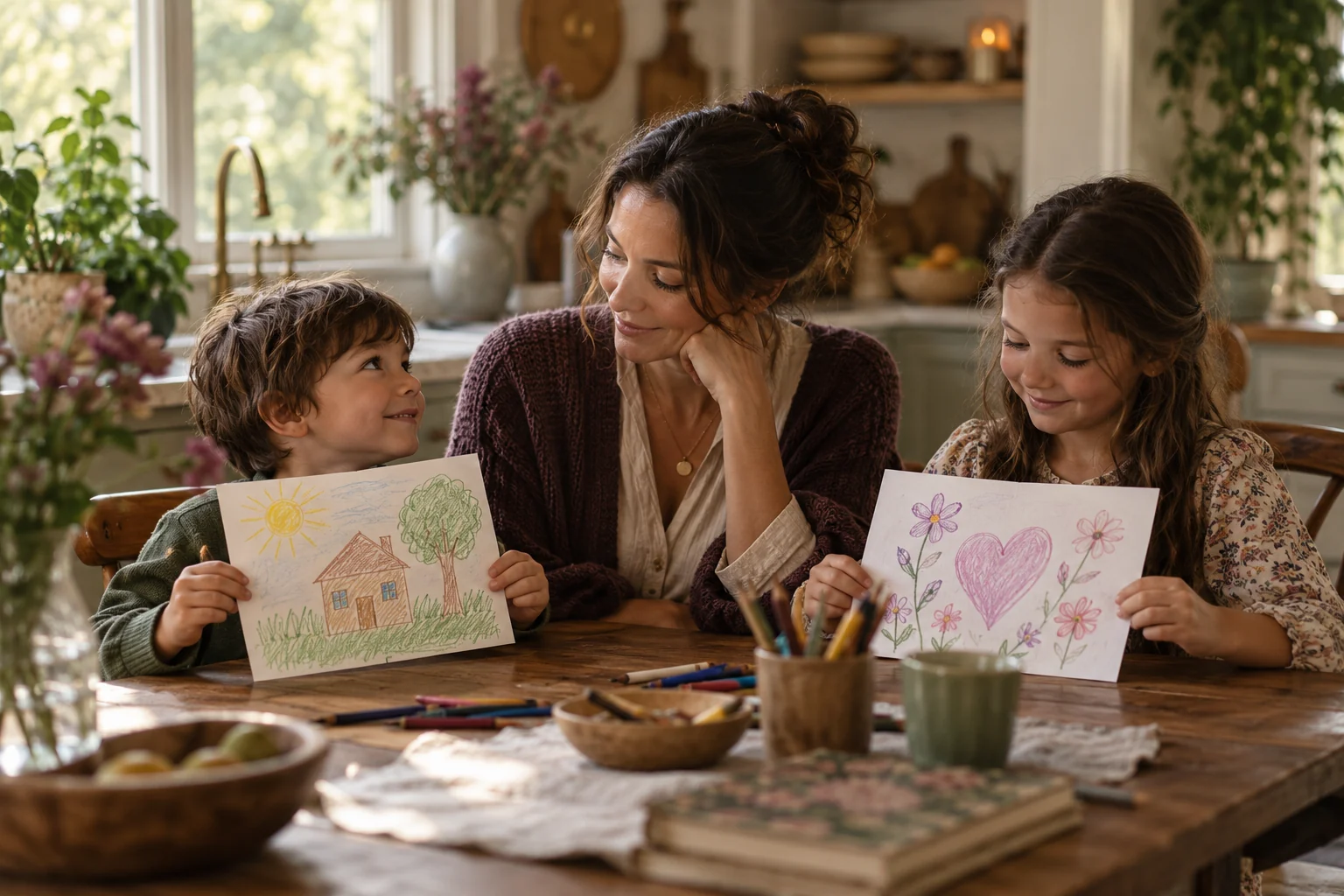A mother listening to two children sharing their drawings at the kitchen table