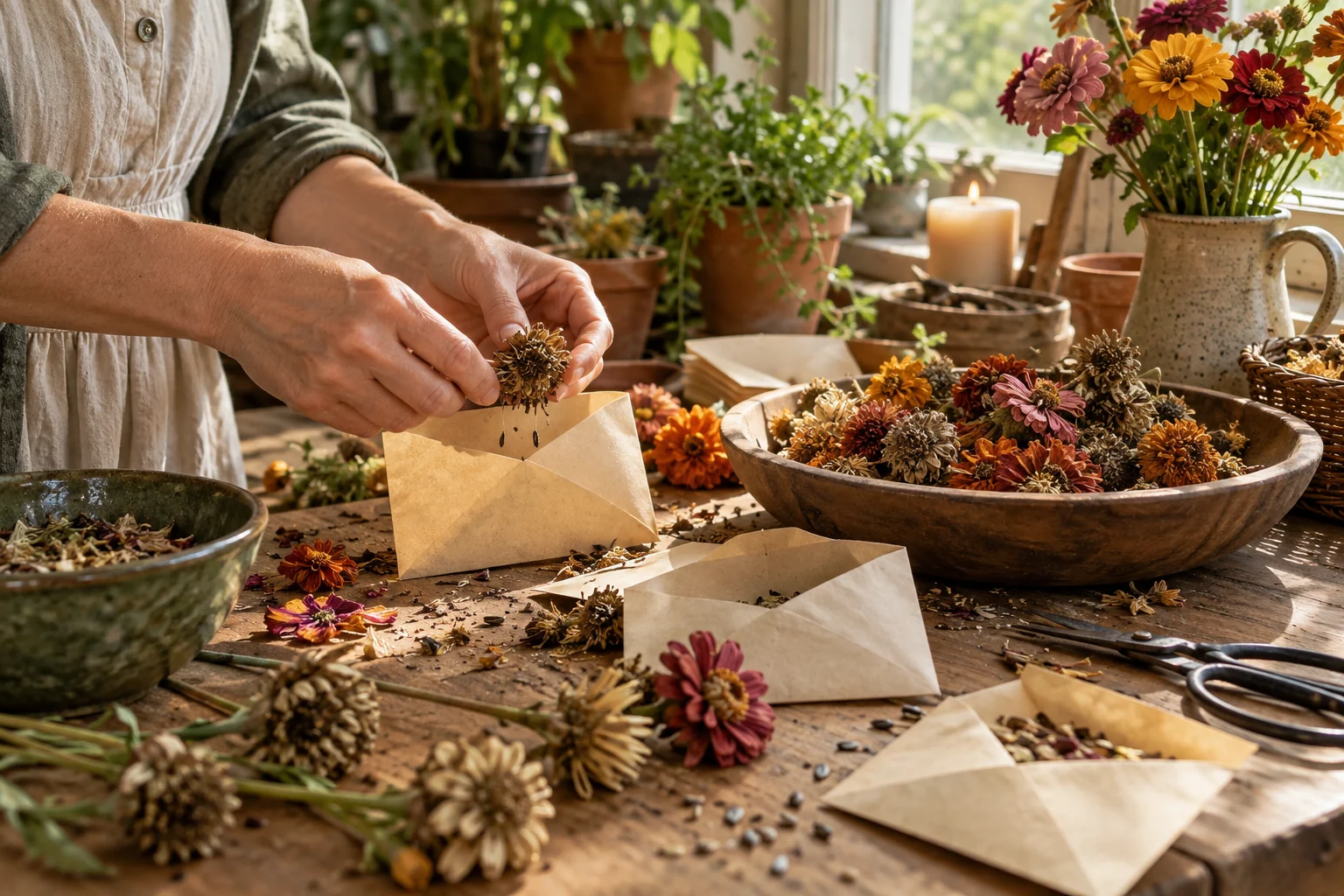 Hands sort dry flower seeds into plain paper envelopes beside seed heads on a wooden table