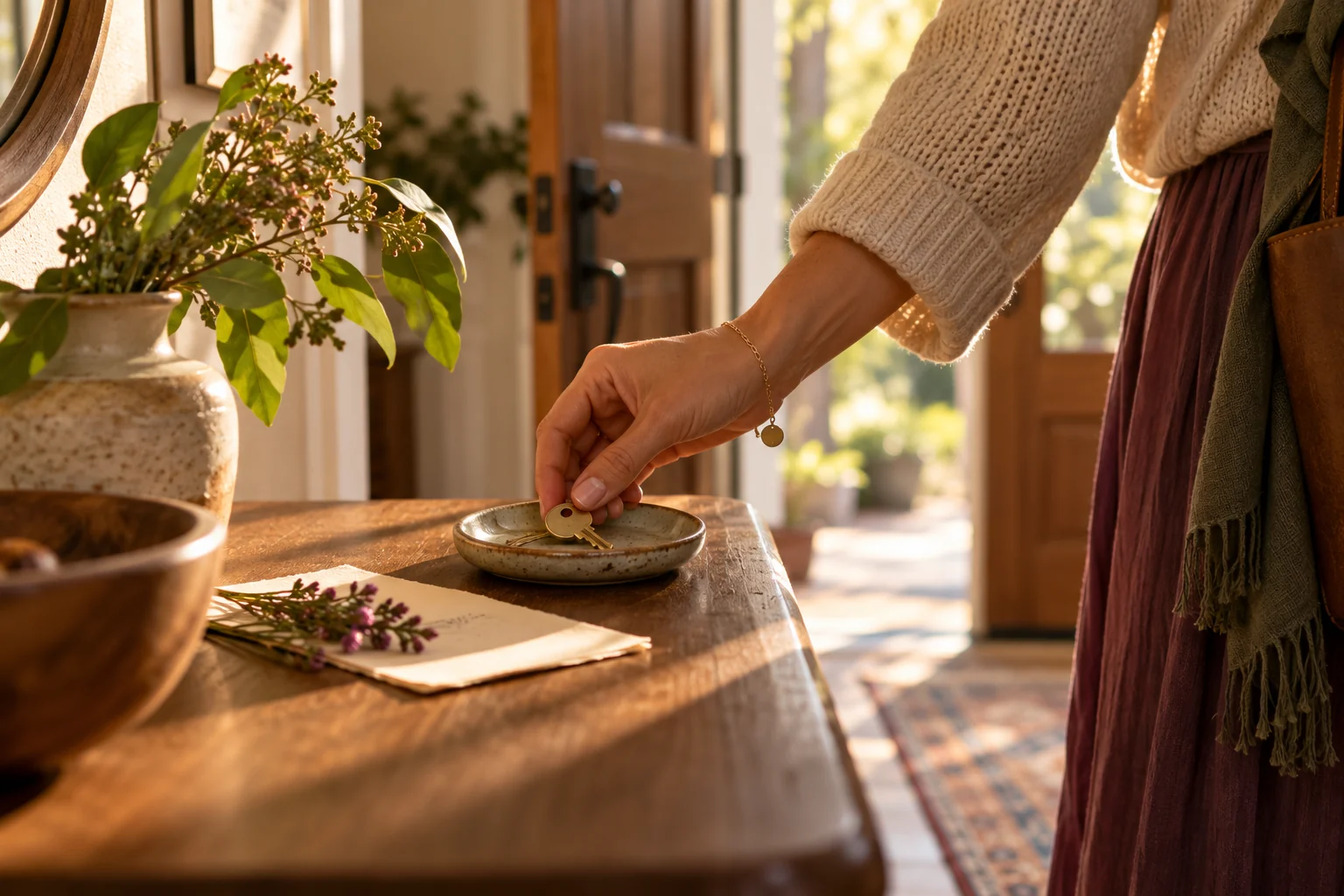 A brass key resting on a ceramic dish beside a handwritten intention at a sunlit doorway