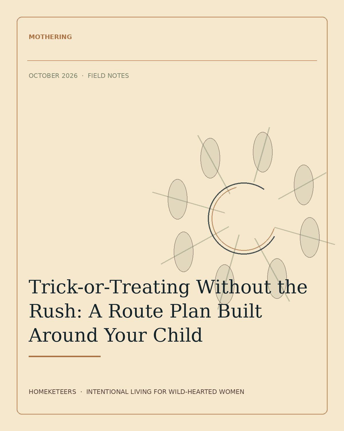 Homeketeers Pinterest feature image for Trick-or-Treating Without the Rush: A Route Plan Built Around Your Child. Plan a short, flexible Halloween route with a clear meeting point, visibility check, sensory pause, and an exit option that lets a child enjoy the night at their own pace.