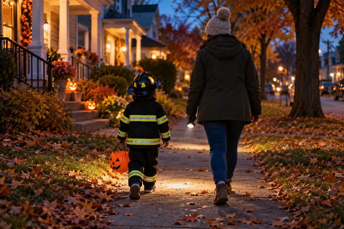 A short, well-lit neighborhood trick-or-treat route planned around safe crossings.